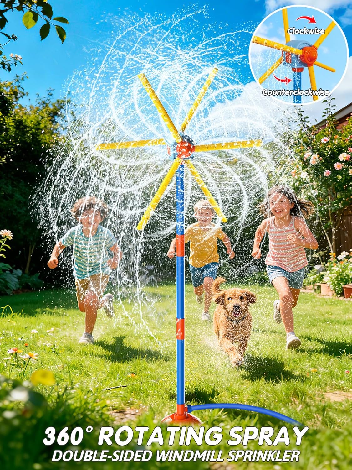 VATOS 59" Windmill Water Sprinkler Outdoor Yard Toy for Kids, New Upgrades Double-Sided with 6 Blades, 54 Spray Nozzles, 360° Spining Splash Summer Fun Play for Boys, Girls, Pets and Lawn Watering