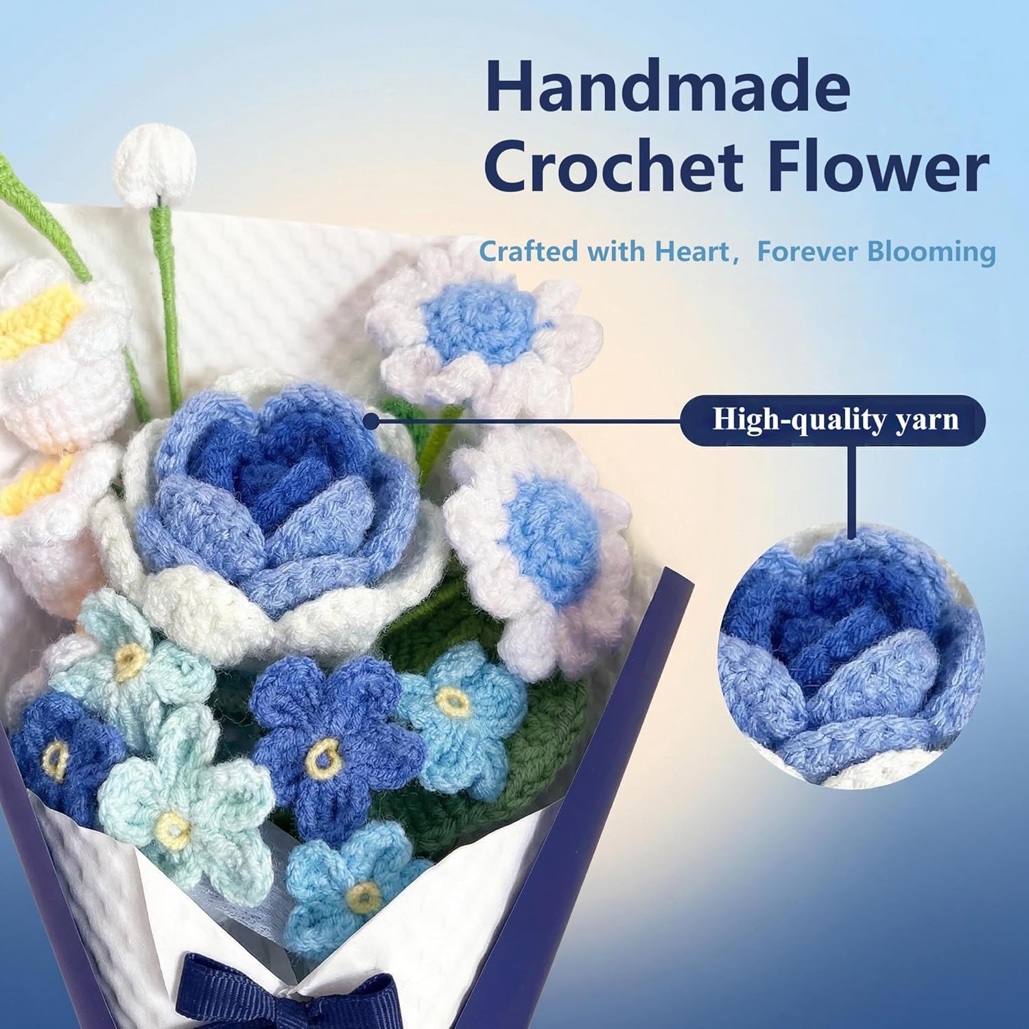 Crochet Flower Bouquet,Handmade Blue Artificial Knitted Flowers Crochet Rose Lily of the Valley Bouquet,Gift for Father's Day,Birthday,Wedding,Anniversary,Graduation,Home Decor