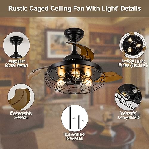 Miniatura 5 de Farmhouse Rustic Ceiling Fan with Lights36inch Black Industrial Caged Ceiling Fan Retractable Ceiling Fans with Light and Remote Control for Indoor