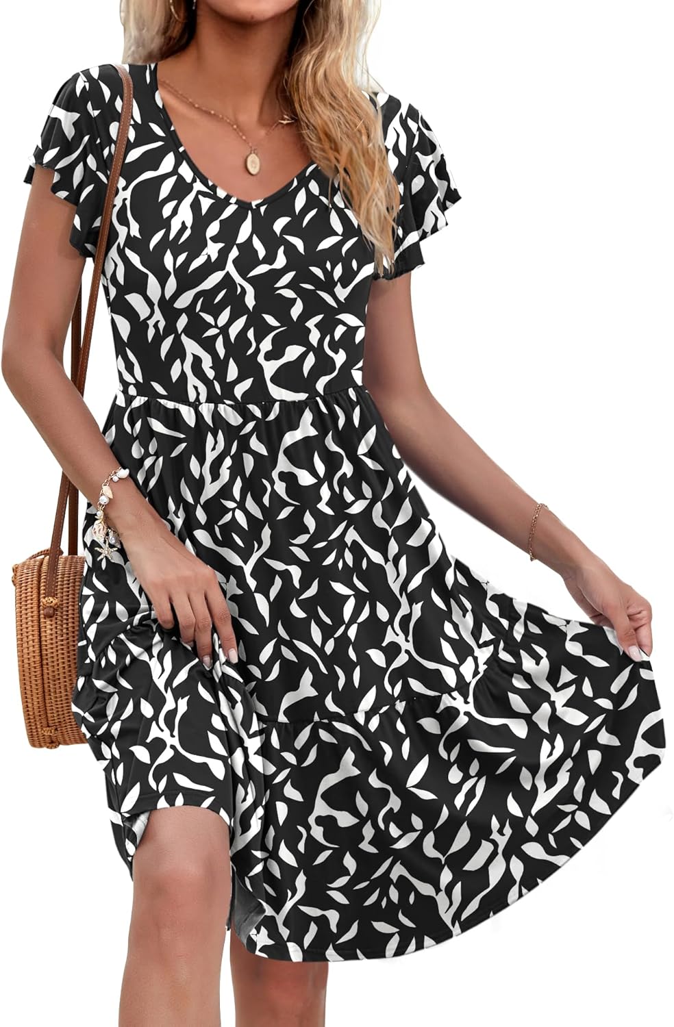 AUSELILY Zomerjurk met korte mouwen voor dames, midi-empire, ongedwongen, V- hals, geplooide jurk met zakken, Bloemen Wit, XXL