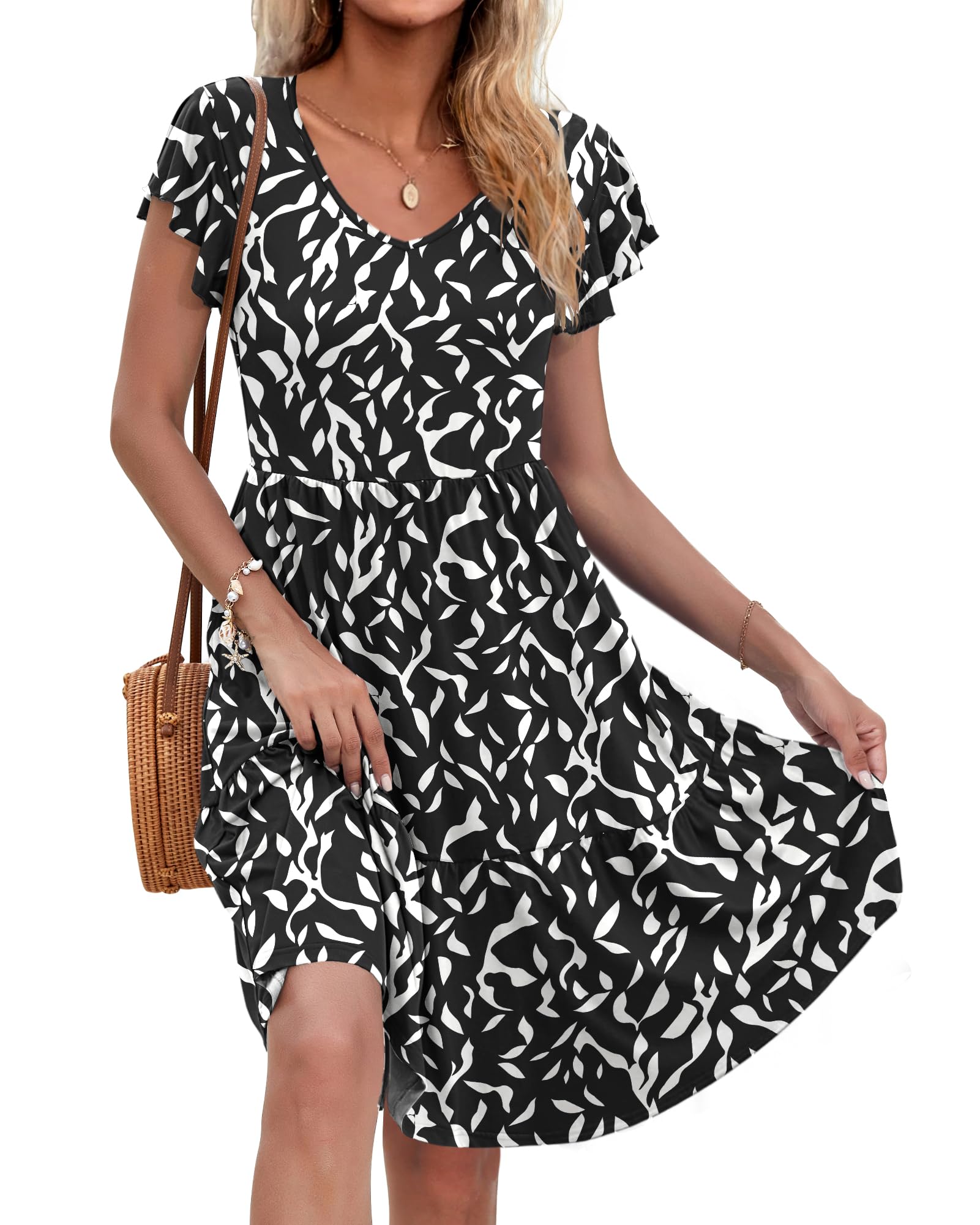 AUSELILY Damen Sommerkleid Rüschen Kurzarm Elegante V-Ausschnitt Kleider Swing Knielanges A-Linie Freizeit Strandkleid Gestuftes Kleider mit Tasche