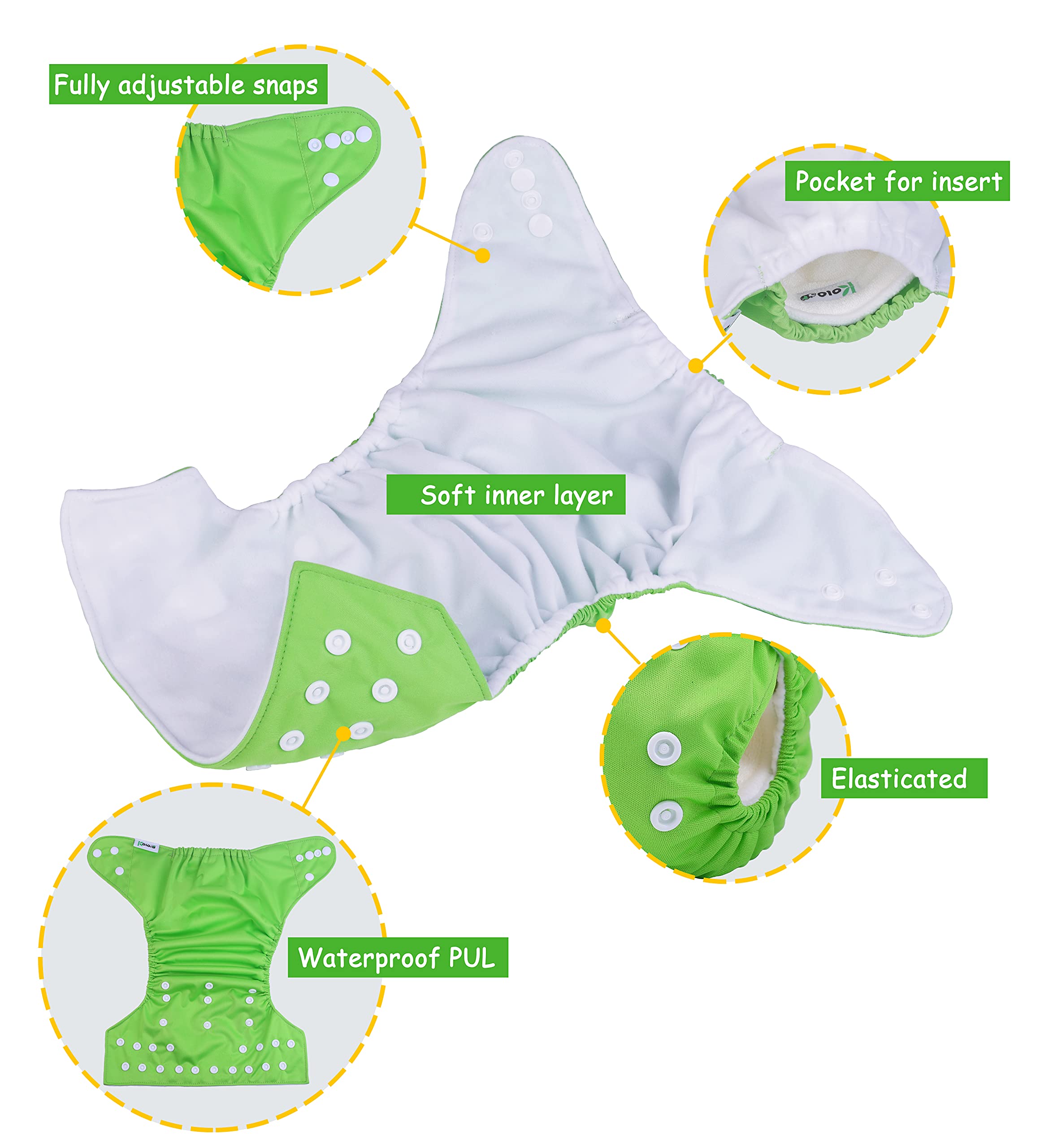 Kolo - kit de pañales de tela para bebés y niños: 6 pañales reutilizables + 6 insertos de bambú + 1 bolsa de transporte de pañales - 100% ecológicos