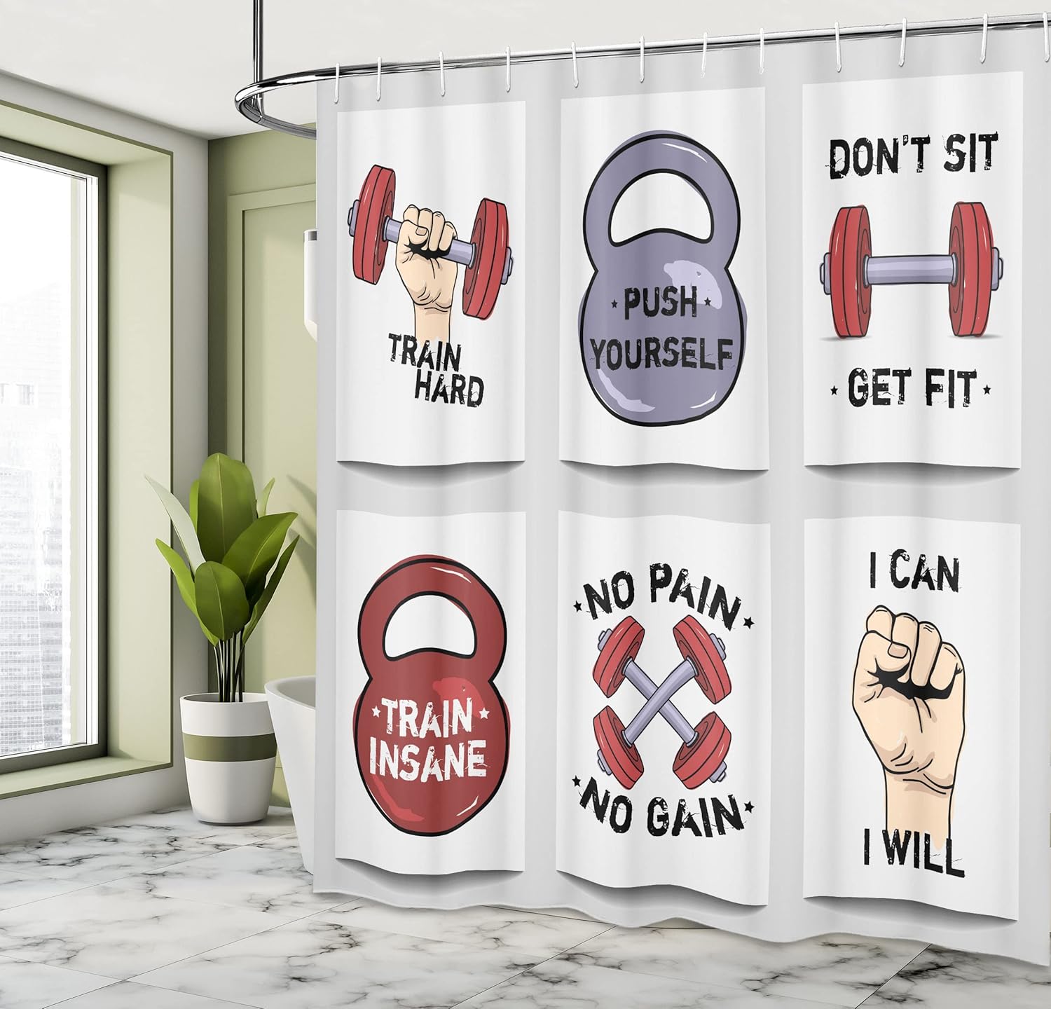 Ambesonne Fitness Shower Curtain, Modern Cartoon Style Motivation Phrases Caricature Style Push Yourself Get Fit, Cloth Fabric Bathroom Decor Set with Hooks, 69" W x 84" L, Red Grey Black