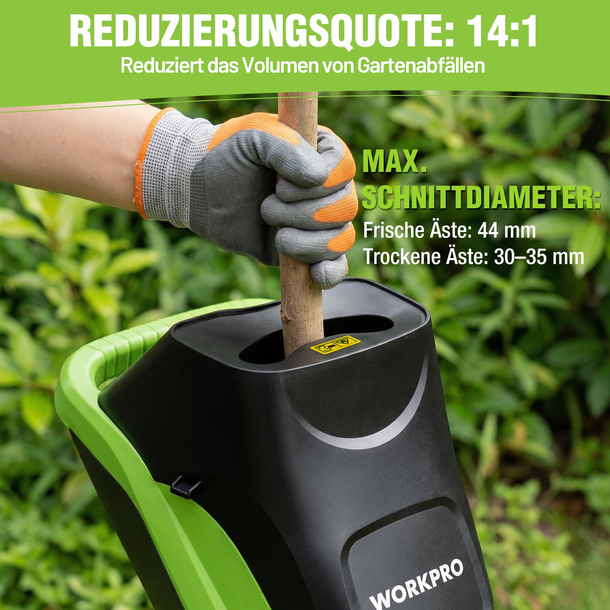 WORKPRO Elektrischer Gartenhäcksler 2500W, Messerhäcksler für Äste bis 44 mm, 4300 U/min, 2 x 45 L Sammelbeutel