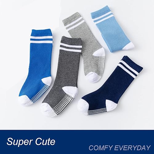 Miniatura 5 de EPEIUS Calcetines altos hasta la rodilla con agarre antideslizante, calcetines de tubo para niños y niñas, paquete de 5 unidades