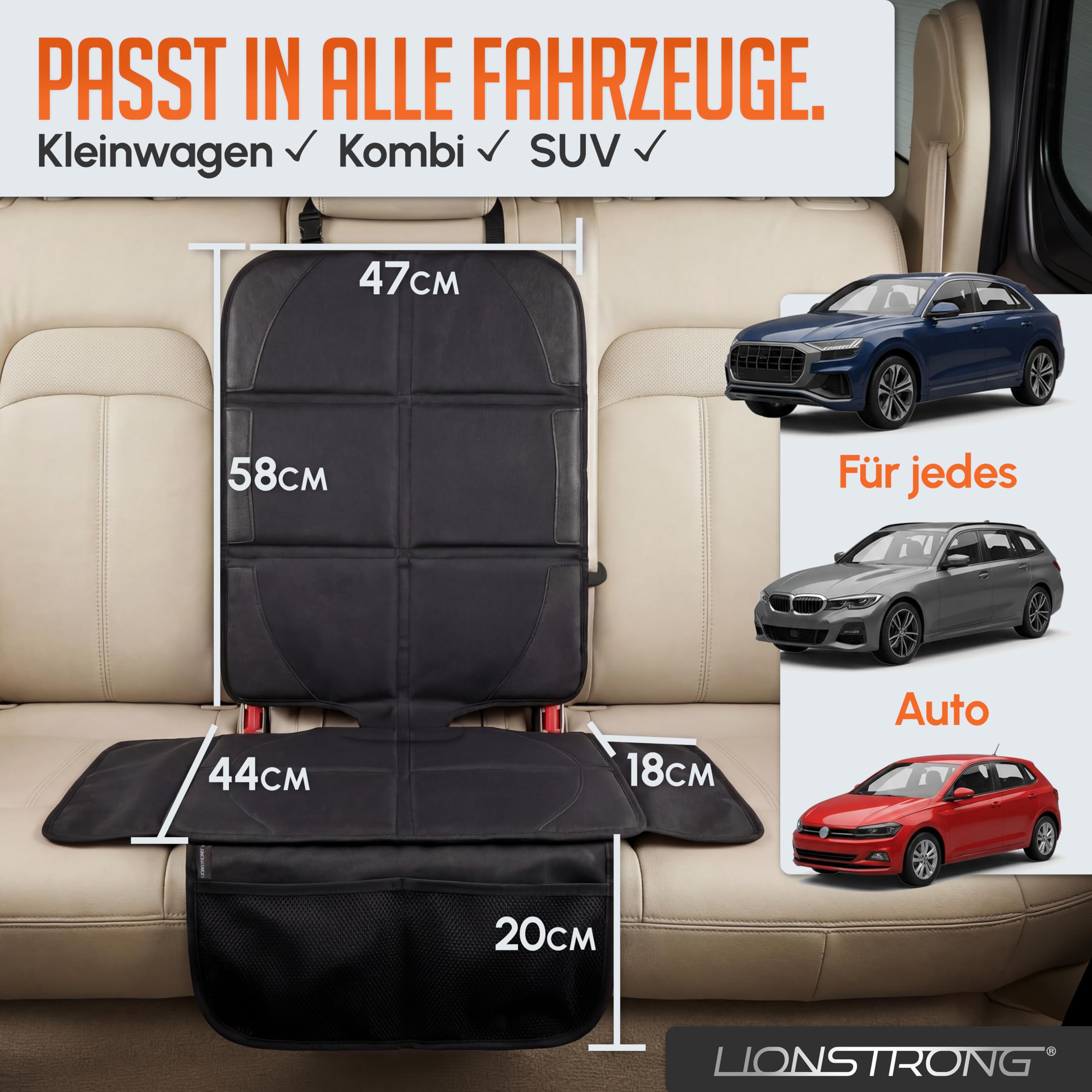 LIONSTRONG® Kindersitzunterlage Autositzschoner [ISOFIX GEEIGNET] - wasserabweisender Polyester Stoff schwarz - Sitzschutz Sitzschoner Auto Kindersitz - universell kompatibel (Schwarz)