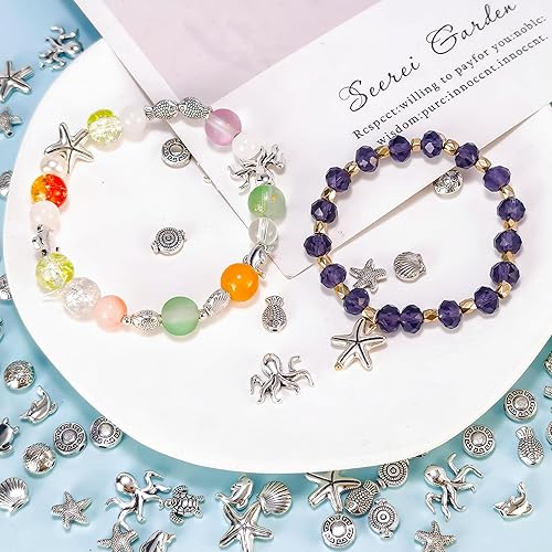 Miniatura 4 de 100 cuentas espaciadoras de animales marinos de plata antigua, surtidas, temáticas tibetanas, pequeñas cuentas sueltas de estrella de mar, concha,