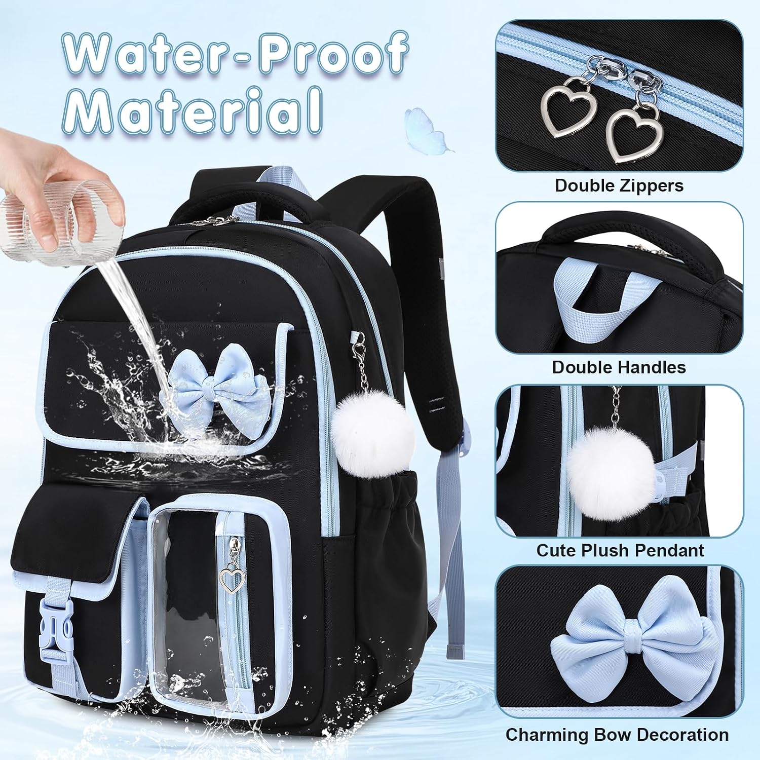  Girls Backpack for School with Lunch Box & Pencil Case Set, 17 Inch Waterproof Cute Bow Girls Bookbag for Kids, Teens, Elementary Middle High College School Student (Black/Blue) thumbnail