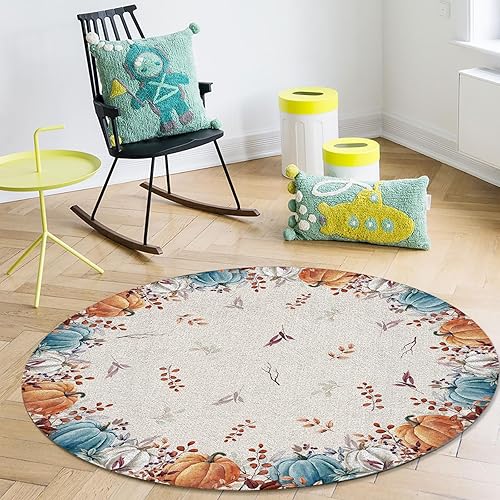 Miniatura 5 de Alfombra redonda de otoño de 5 pies, alfombra de calabaza de cosecha otoñal, alfombra suave para sofá, cuarto de bebé, alfombra de área para