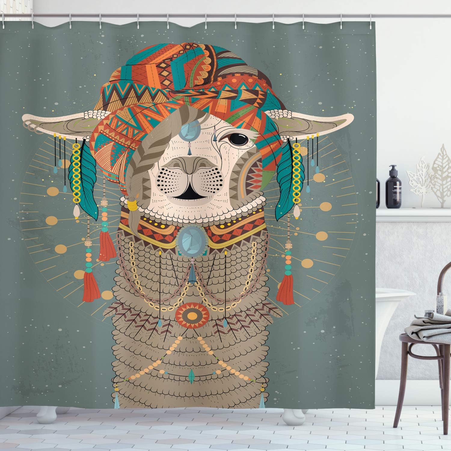 Ambesonne Llama Shower Curtain, Oriental Vibe Colorful Illustration of Alcapa Animal with Eastern Ornaments Print, Cloth Fabric Bathroom Decor Set with Hooks, 69" W x 84" L, Multicolor