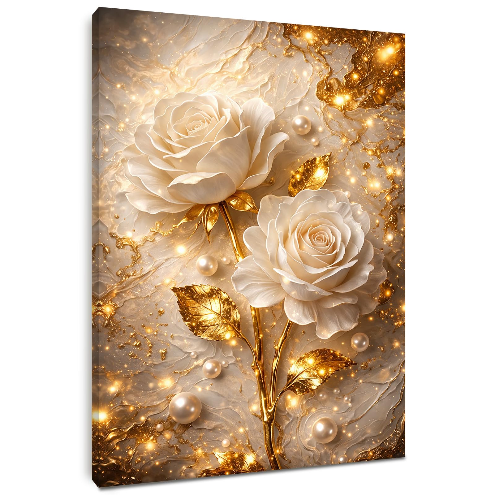 Alptiny Elegant White Rose Framed Wall Art 30x40cm – Gold Floral Canvas Print with Pine Wood Frame, HD Waterproof Canvas Wall Art for Living Room, Bedroom or Office, Easy Hang Design
