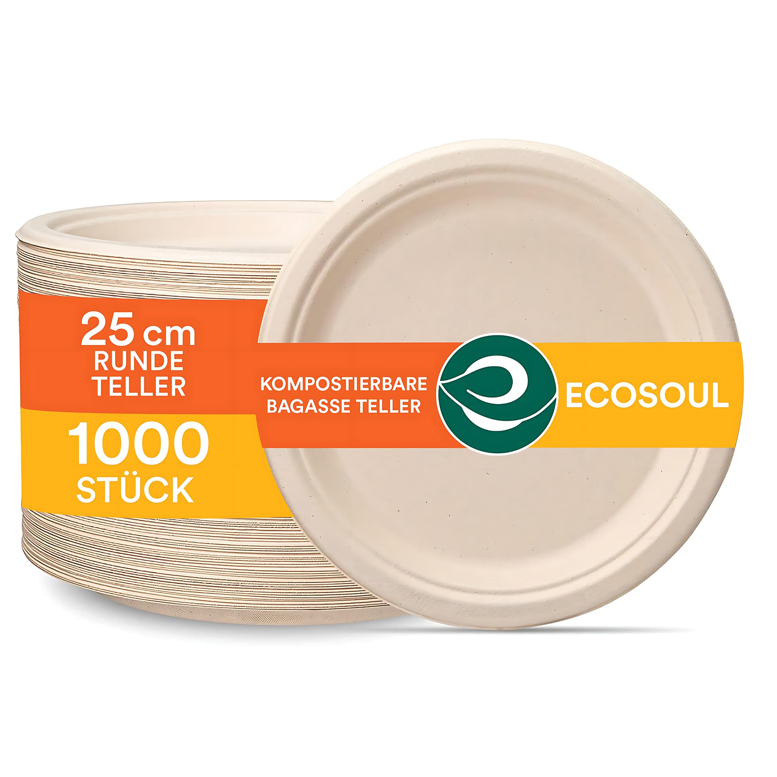ECO SOUL Pappteller(25 cm) 10" Einwegteller, Natürlich(1000-Stück) | Nachhaltige Alternative, 100% kompostierbar, Extra stabildeal für den täglichen Gebrauch, Premium Qualität, 1000er Pack