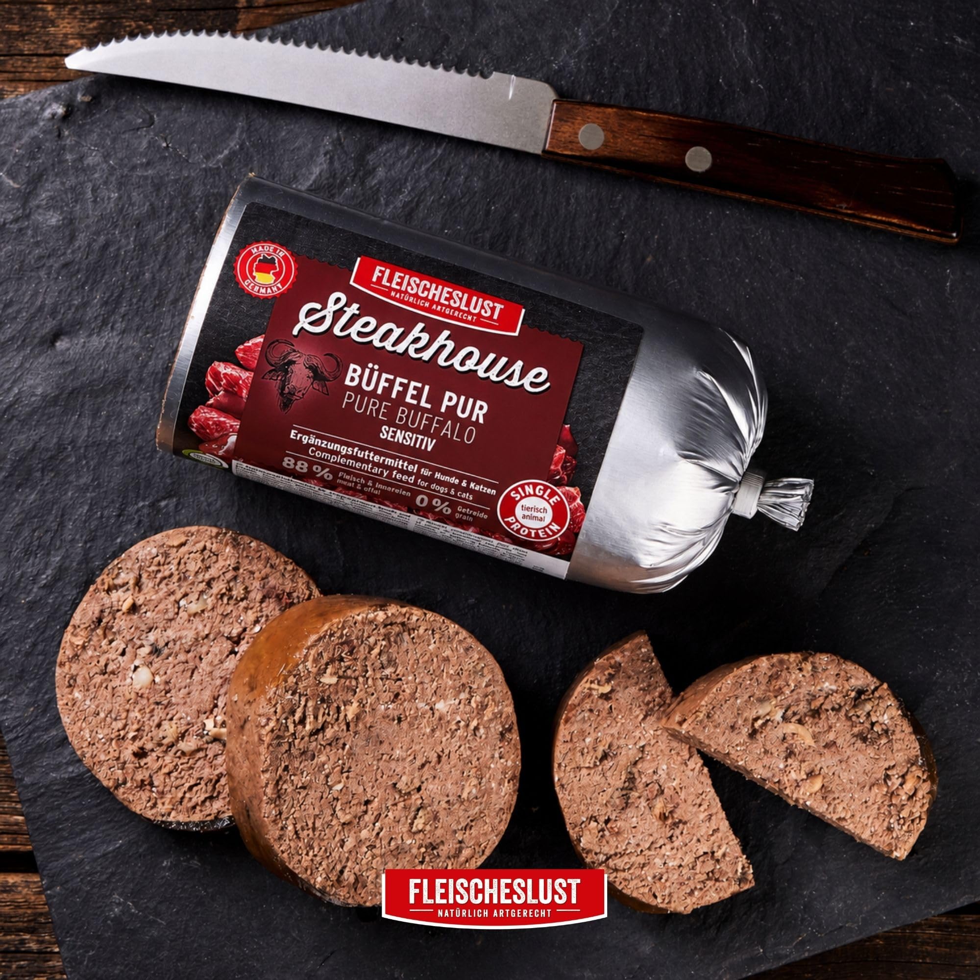 Steakhouse Büffel pur (12x500g), Nassfutter für Hunde & Katzen, sensitives Ergänzungsfutter, Monoprotein, getreidefrei, 12x Wurst von Fleischeslust