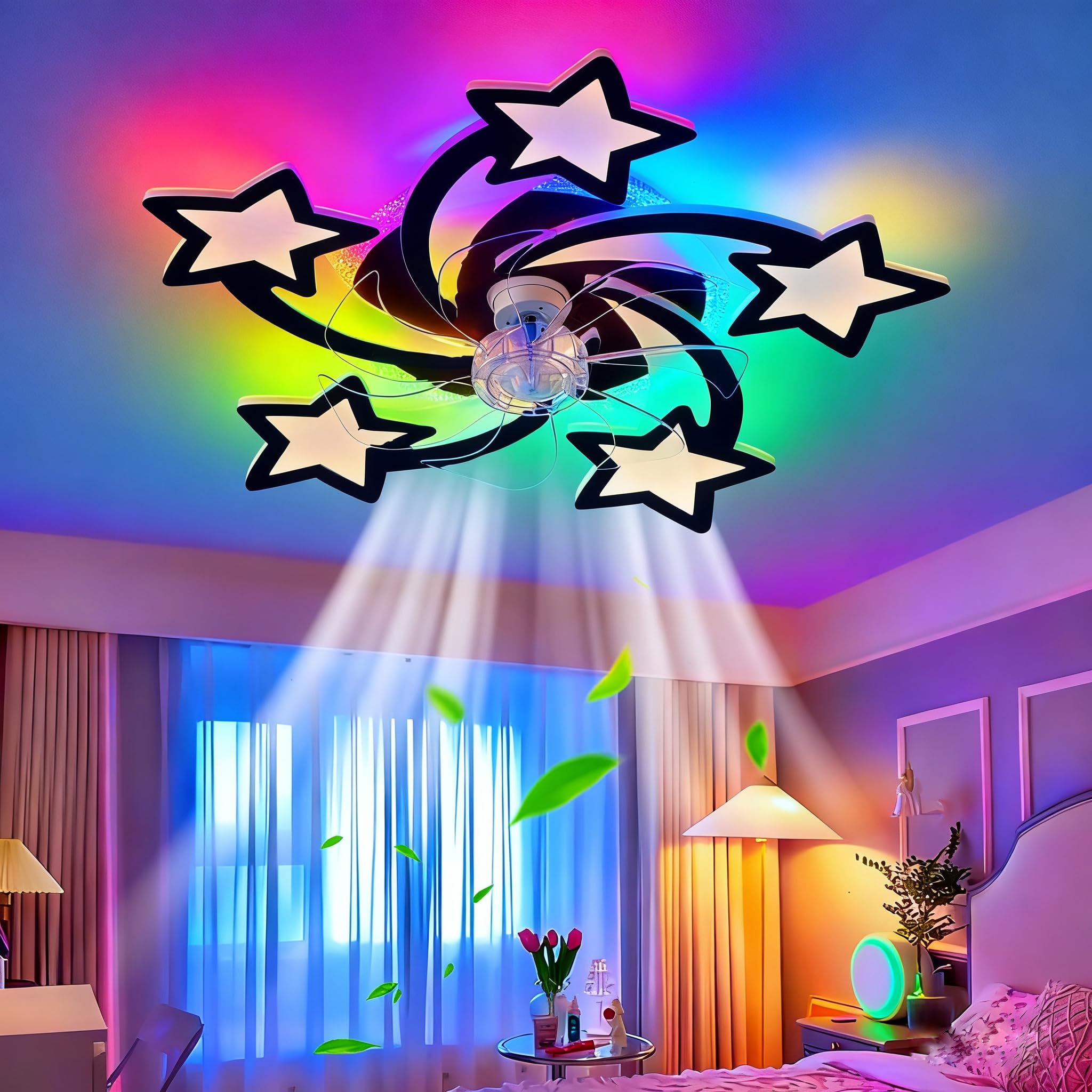 TuoyuanW Ceiling Fans with Lights RGB Remote Control App Chandelier Fan with Dimmable Reversible Fan Lamp 6 Speeds Quiet Timer Night Light Memory Function for Children's Room, Black