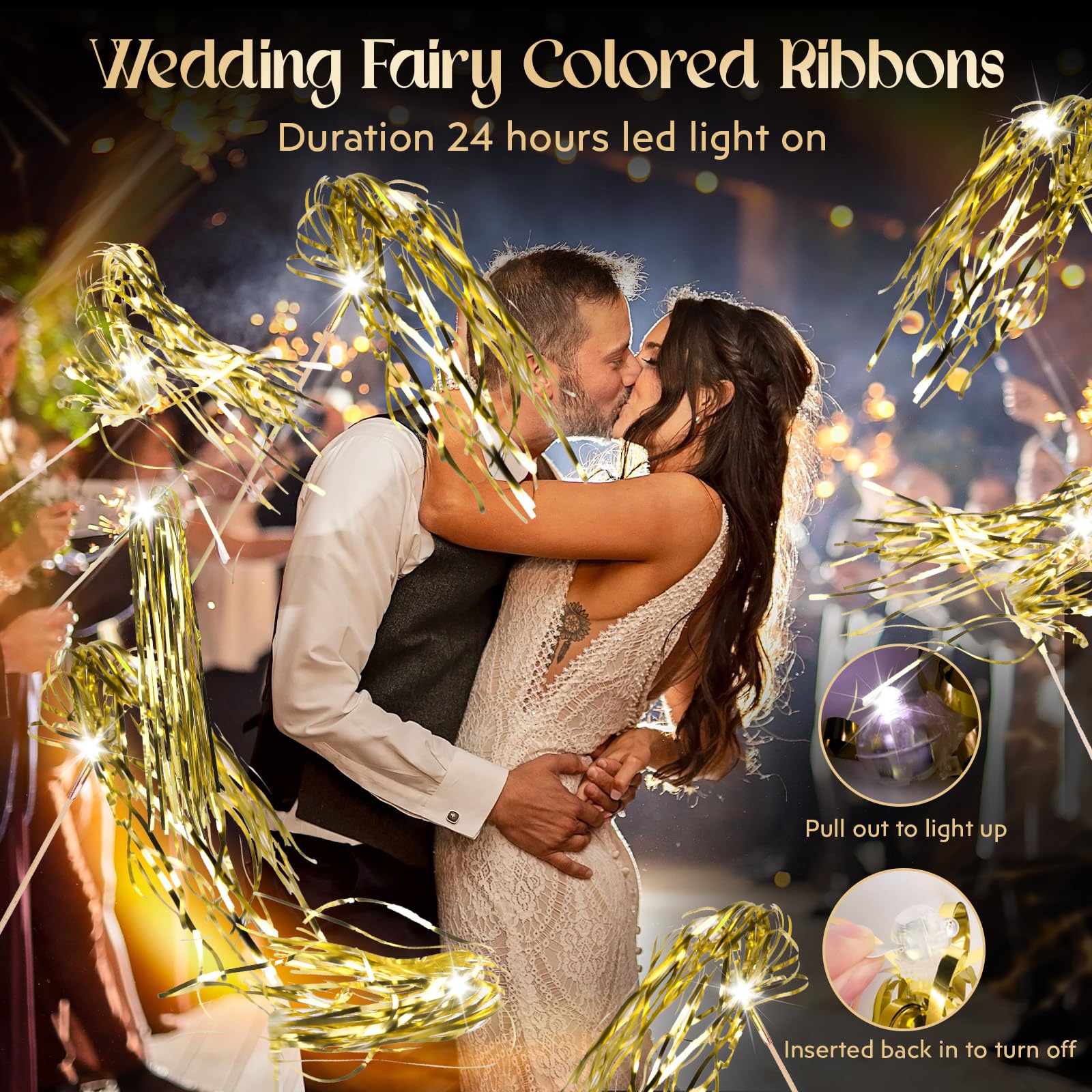Drixbor - 100 varitas de boda iluminadas, serpentinas de oropel LED para envío de bodas y entrada grande, recuerdos de fiesta para bodas, cumpleaños, Navidad (dorado)