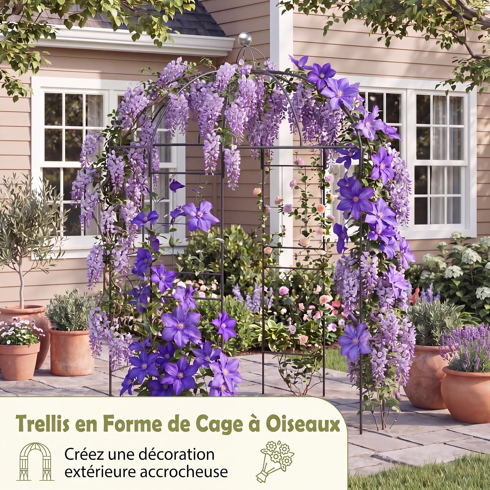 GYMAX Arche de Jardin Rosier en Forme de Cage à Oiseaux, Tonnelle en Métal pour Plantes Grimpantes, Treillis Verticaux, Cadre Métallique Robuste, Décoration pour Repas, Fête, Mariage, 203 x 296 cm