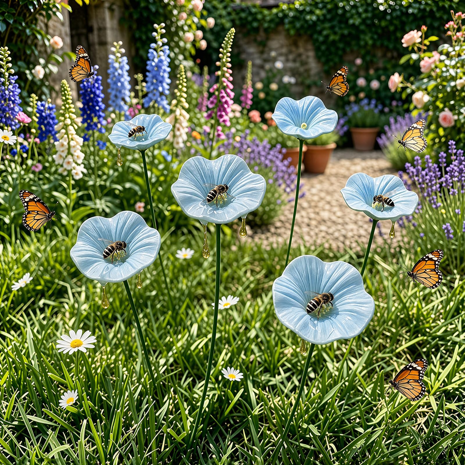 Handmade Ceramic Mini Pollinator Watering Station, Colorful Flower Bee Water Feeder & Butterfly Bird Bath, Weather-Resistant Small Outdoor Garden Stakes Yard Art Decor for Patio Lawn Balcony