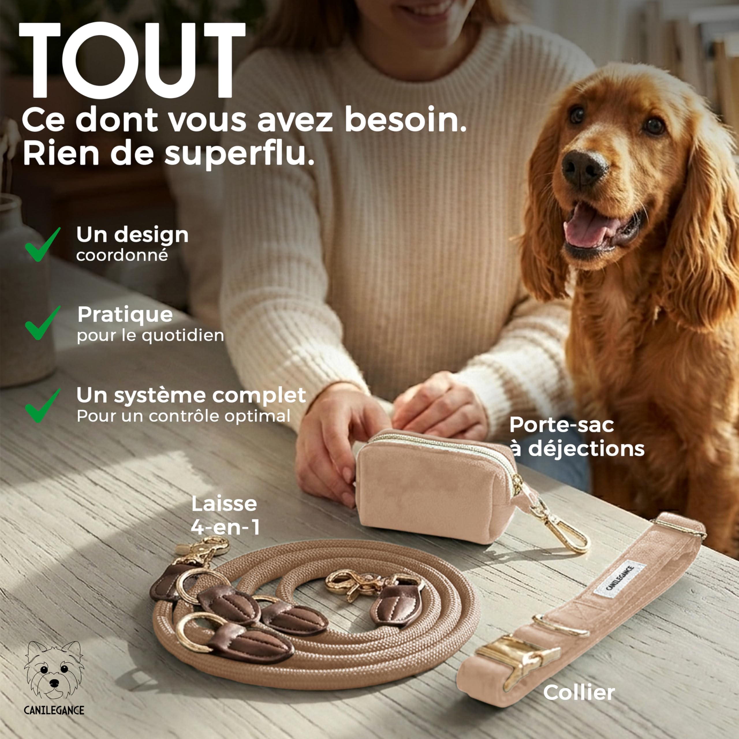 Set de Paseo - Collar ajustable, correa 4 en 1 y cartera - Beige - Talla M
