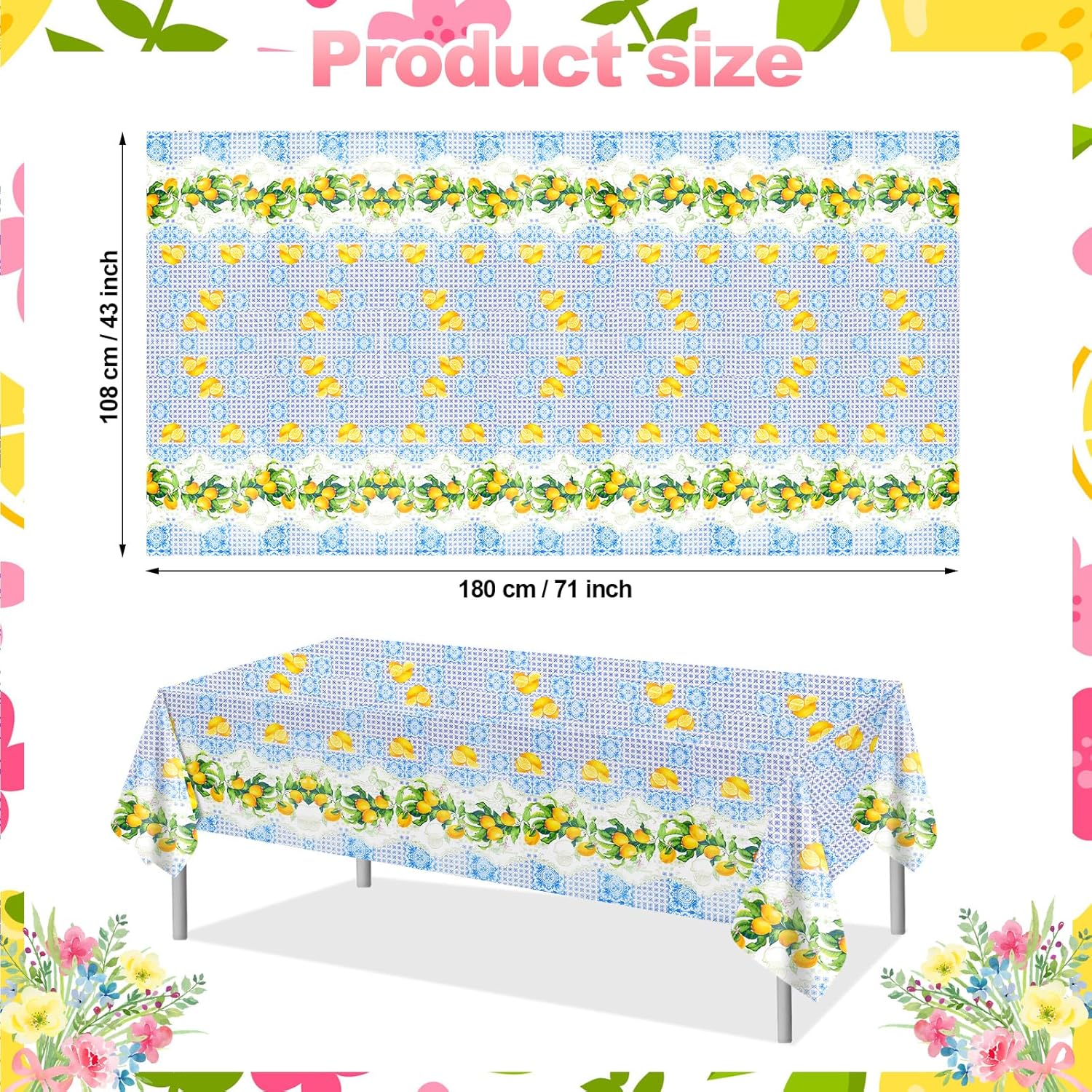 PHOGARY Lemon Tablecloth Blue Tiles Lemon Decor Capri Table Cover Amalfi Coast Party Decorations Italian Themed Party Supplies for Baby Shower