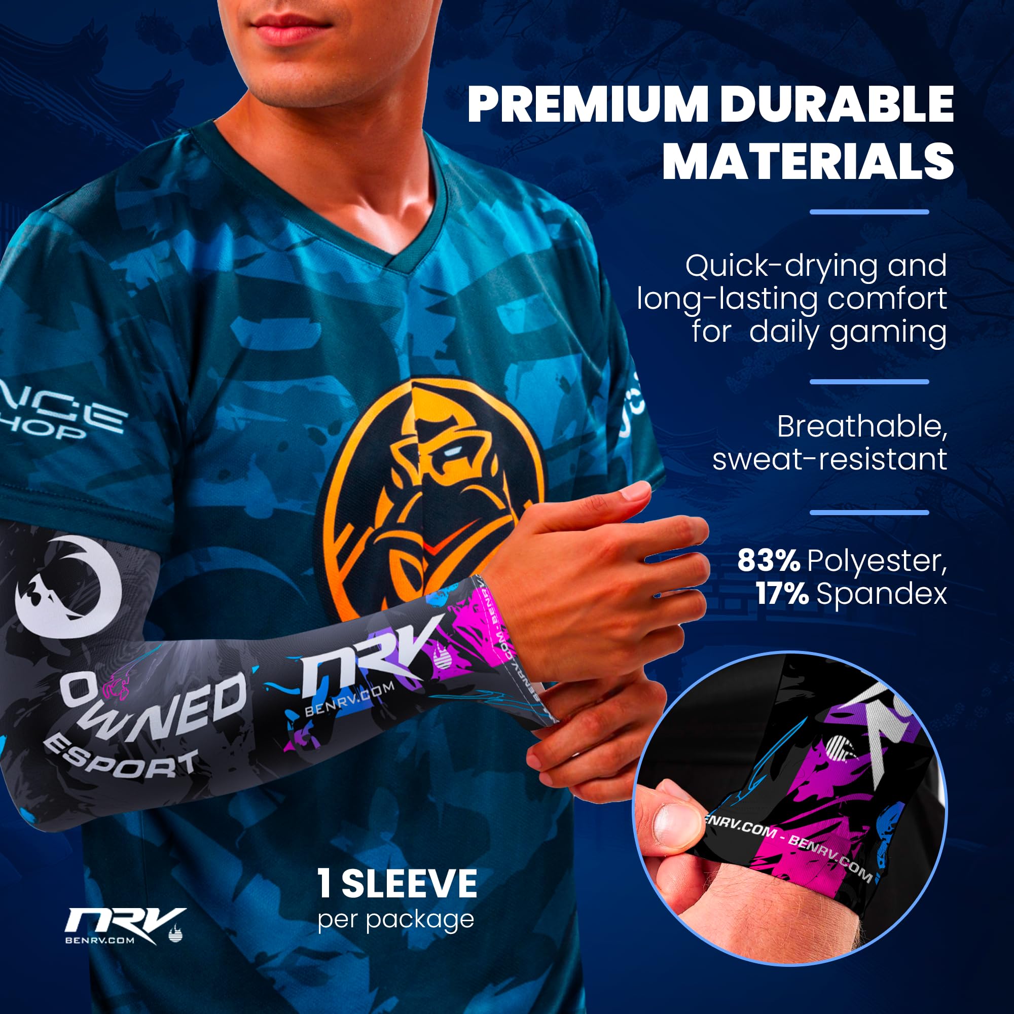 NRV x Owned Esport – Puño de compresión Gaming – Edición de equipo Pro – Antideslizante, transpirable, sin flocar – Para Gamers Competitivos & eSport