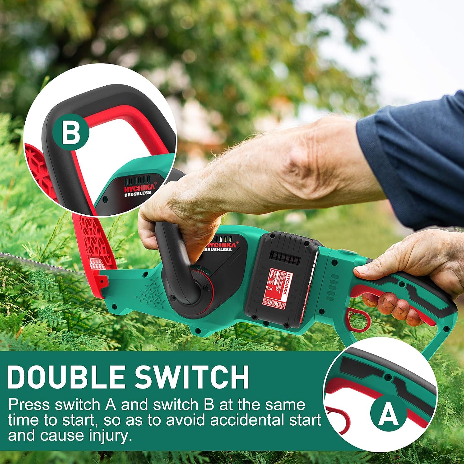 A person demonstrating the dual-switch operation of the HYCHIKA hedge trimmer, pressing both the front and rear triggers simultaneously to start the tool.