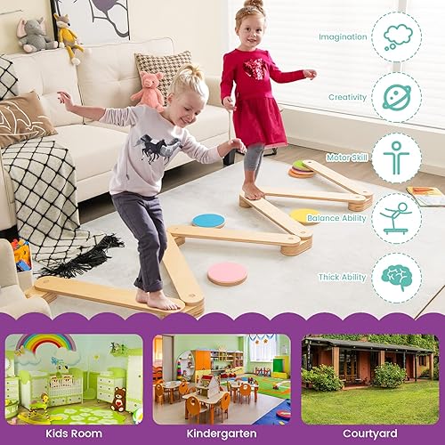 Miniatura 5 de Costzon Monterssori - Viga de equilibrio de madera y piedras de escalón gimnasia para niños carrera de obstáculos juego de mesa de equilibrio para