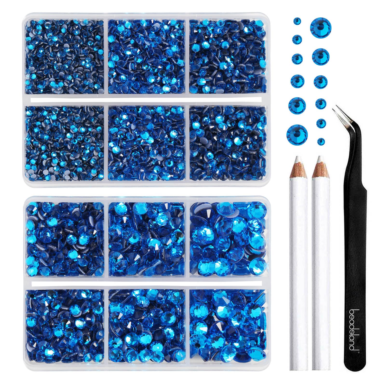 BEADSLAND Hotfix Strasssteine, 6080 Stück Blau Strasssteine für Kleidung Kunsthandwerk gemischt 6 Größen mit Wachsstift und Pinzette Kit,SS6-SS30,Capri Blau