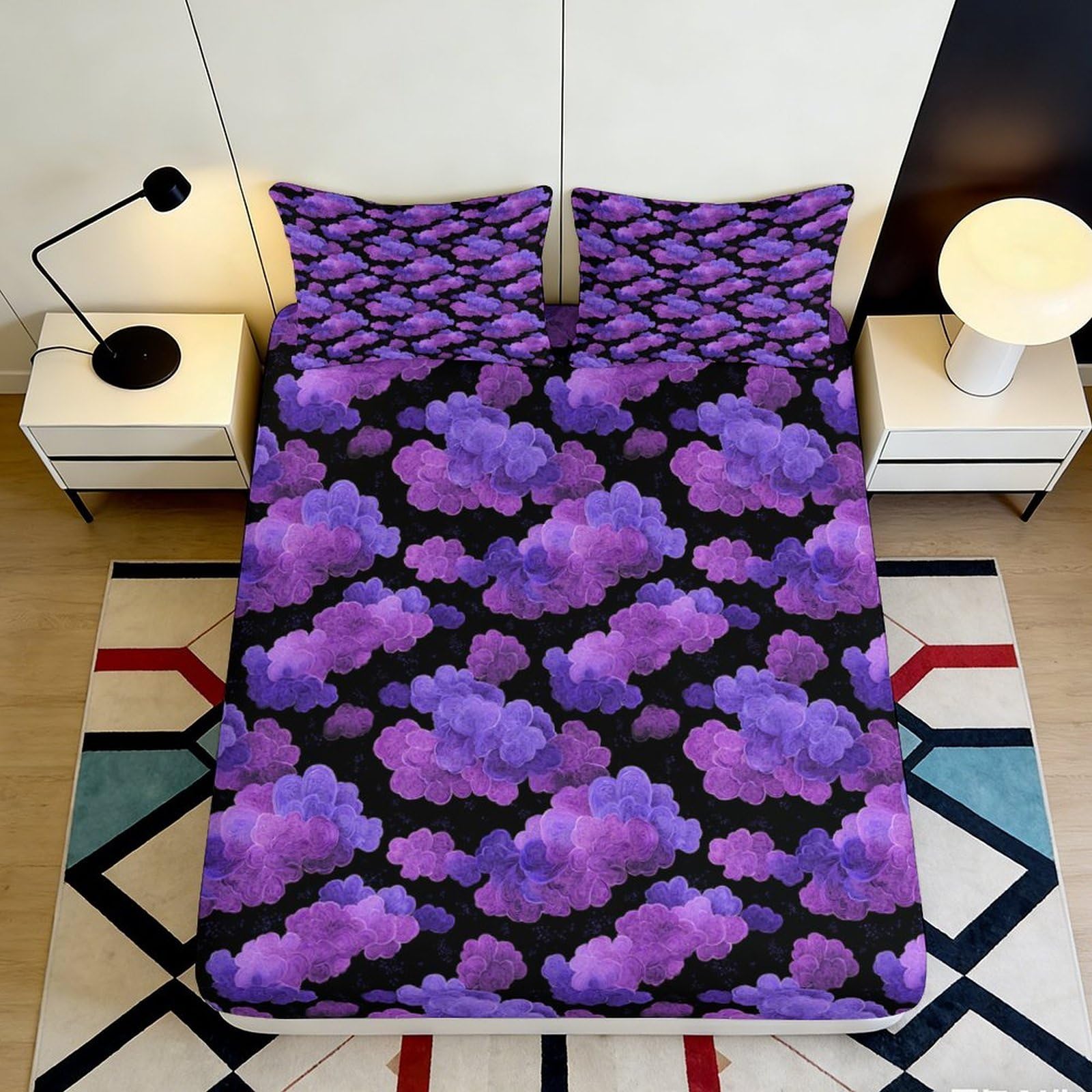 3D Printed Purple Cloud Fitted Sheet Microfiber Deep Pocket Bedroom Bedding Purple Cloud Mattress Fitted Cover Non-Slip Washable 200x200x25cm 90x200x25cm