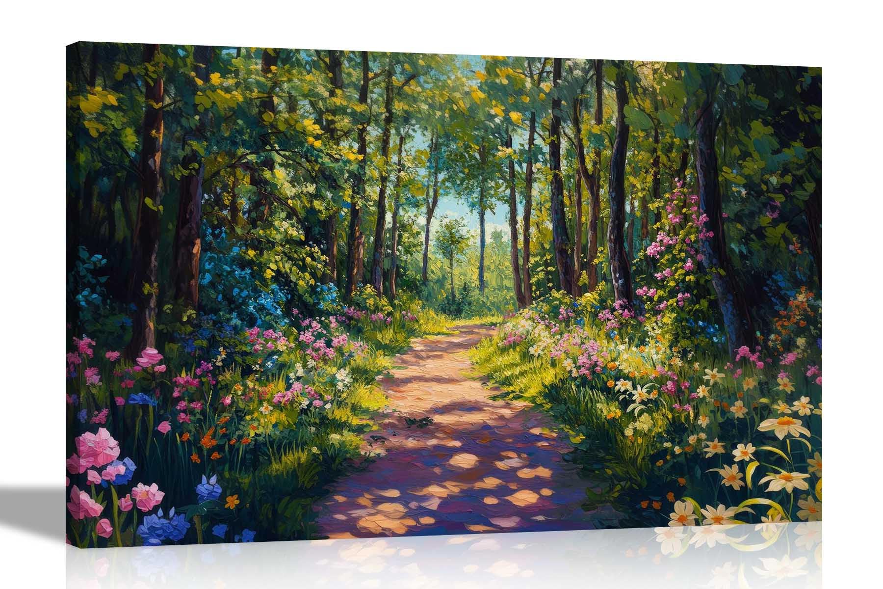 Artley Prints Summer Forest Path - Colourful Flowers Canvas Wall Art Prints Landscape For Living Room Décor Home Office Pictures 60 X 40Cm (24 X 16 Inches) A2