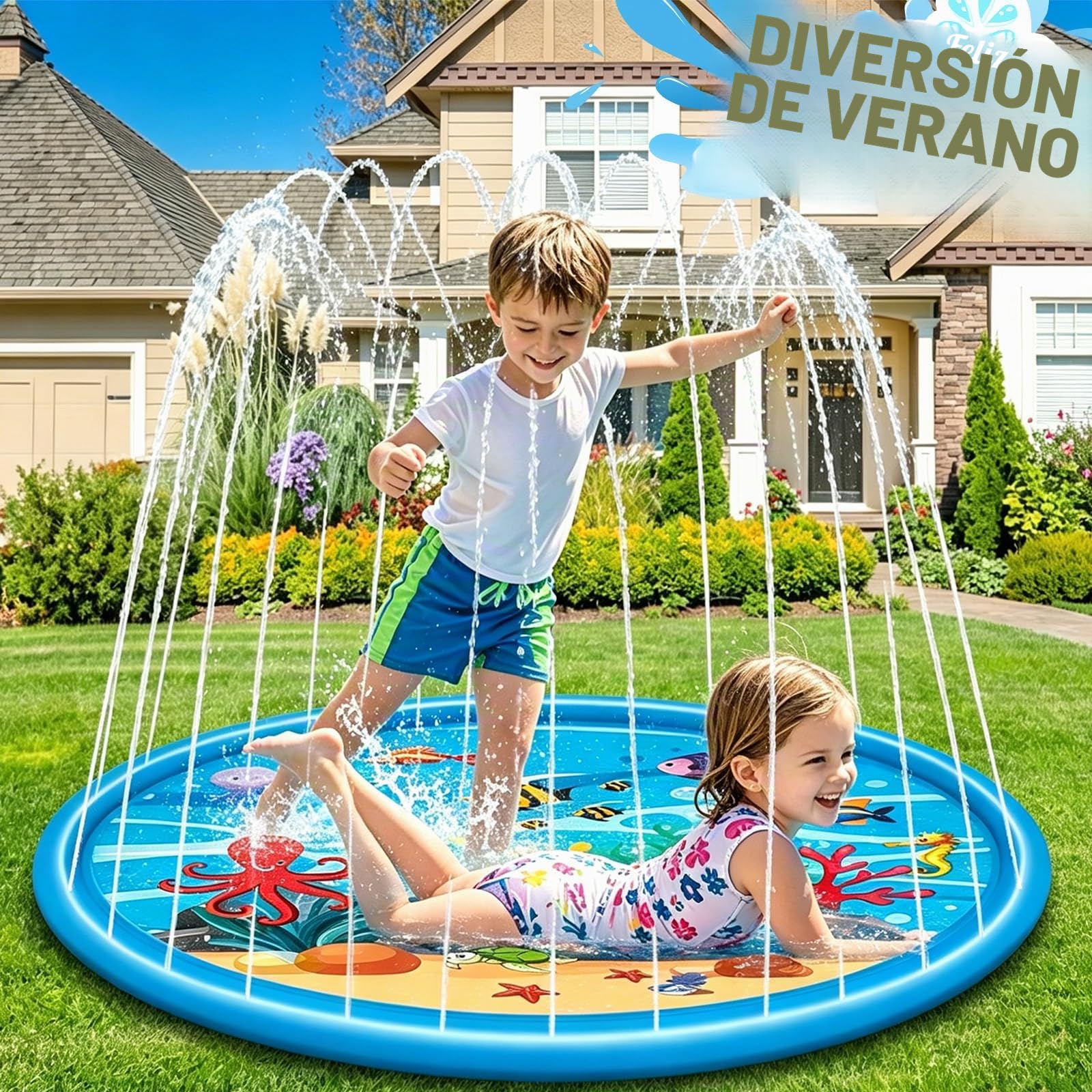 170cm Splash Pad, Alfombra de Juego de Agua, Juguete Acuático de Verano, Juego de Agua de Aspersión al Aire Libre para Niños y Mascotas, para Actividades al Aire Libre, Fiestas en la Playa