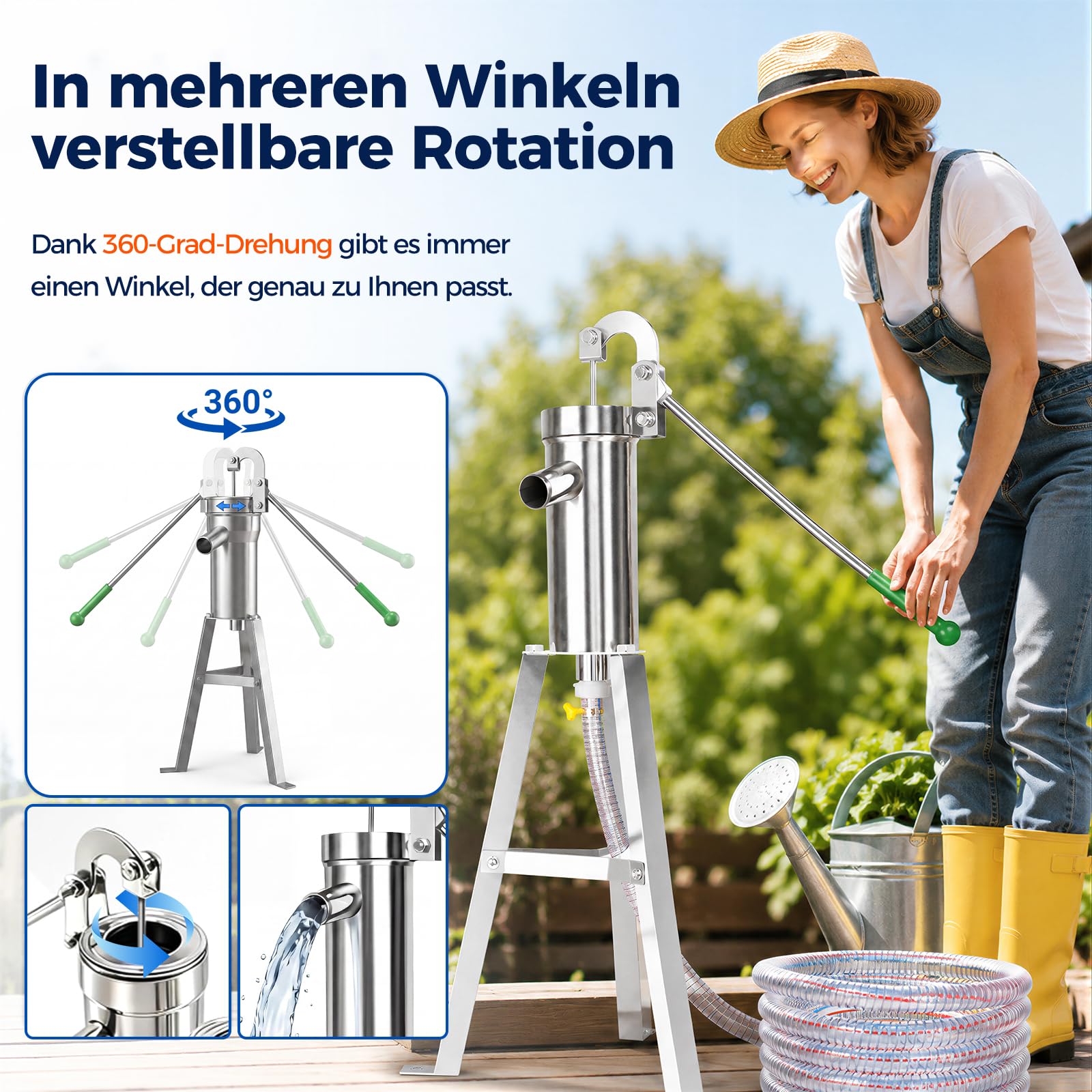 Schwengelpumpe Set, Schwengelpumpe Komplett Set mit 58 cm Ständer & 5 m Schlauch, Handpumpe Wasserpumpe Gartenpumpe Edelstahl Haushalt Grundwasserpumpe Brunnen für Gartenhof Hof und Bauernhof