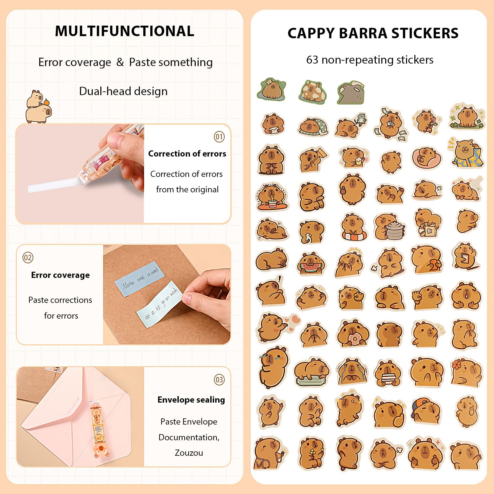 Lindos suministros escolares, juego de regalo de papelería, regalos de cumpleaños japoneses, incluye sacapuntas, borrador, cinta correctora, regla, calcomanías de capibara, para suministros escolares