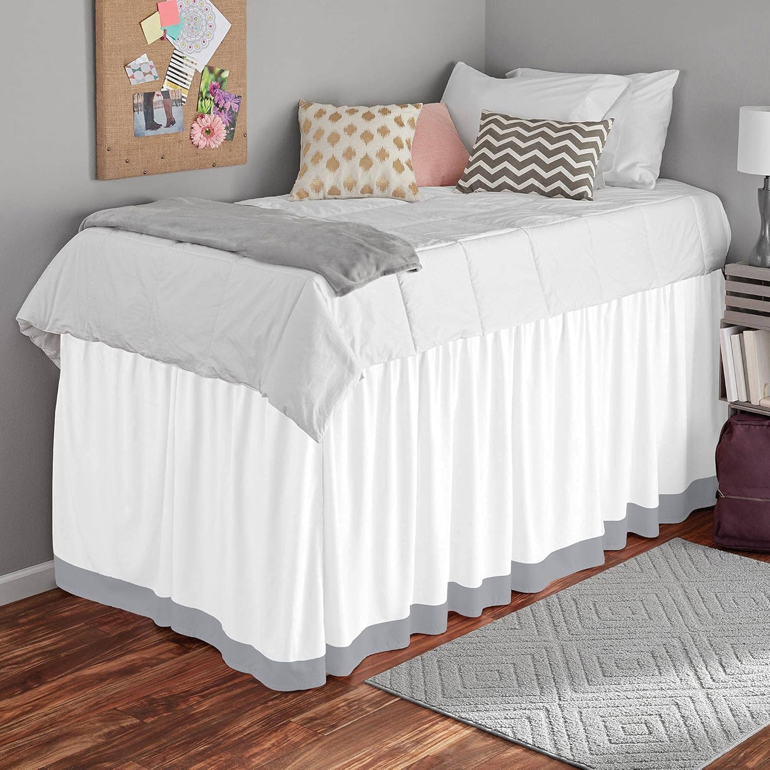100% Egyptian Cotton, 800 Thread Count, White/Silver Split Corner Two Tone Ruffle Dorm Room Bed Skirt with Three Side Coverage in - Full Size (54" x 80"+ 30" inch)