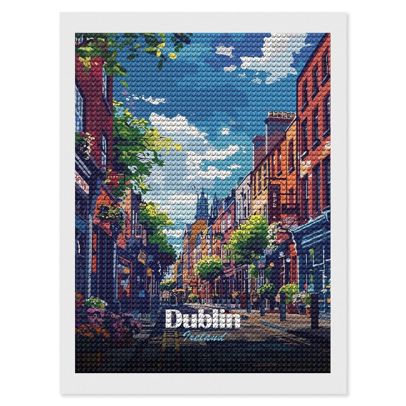 Junmoney Dublin, Ireland Street View Illustration Diamond Painting Canvas Set 12"x16", for Adults, Sparkling Round Gems, Thoughtful Handmade Gift, Modern Decor
