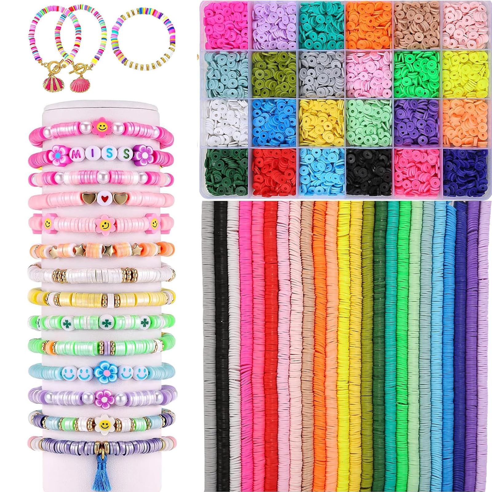 7000pcs Clay Beads Refill, Bracelet Making Kit Clay Beads Refill Colorful Flat Clay Beads Pearlescent Color Clay Flat Beads Black Stone Jewelry for Jewelry Making DIY(12 Strands 6mm)