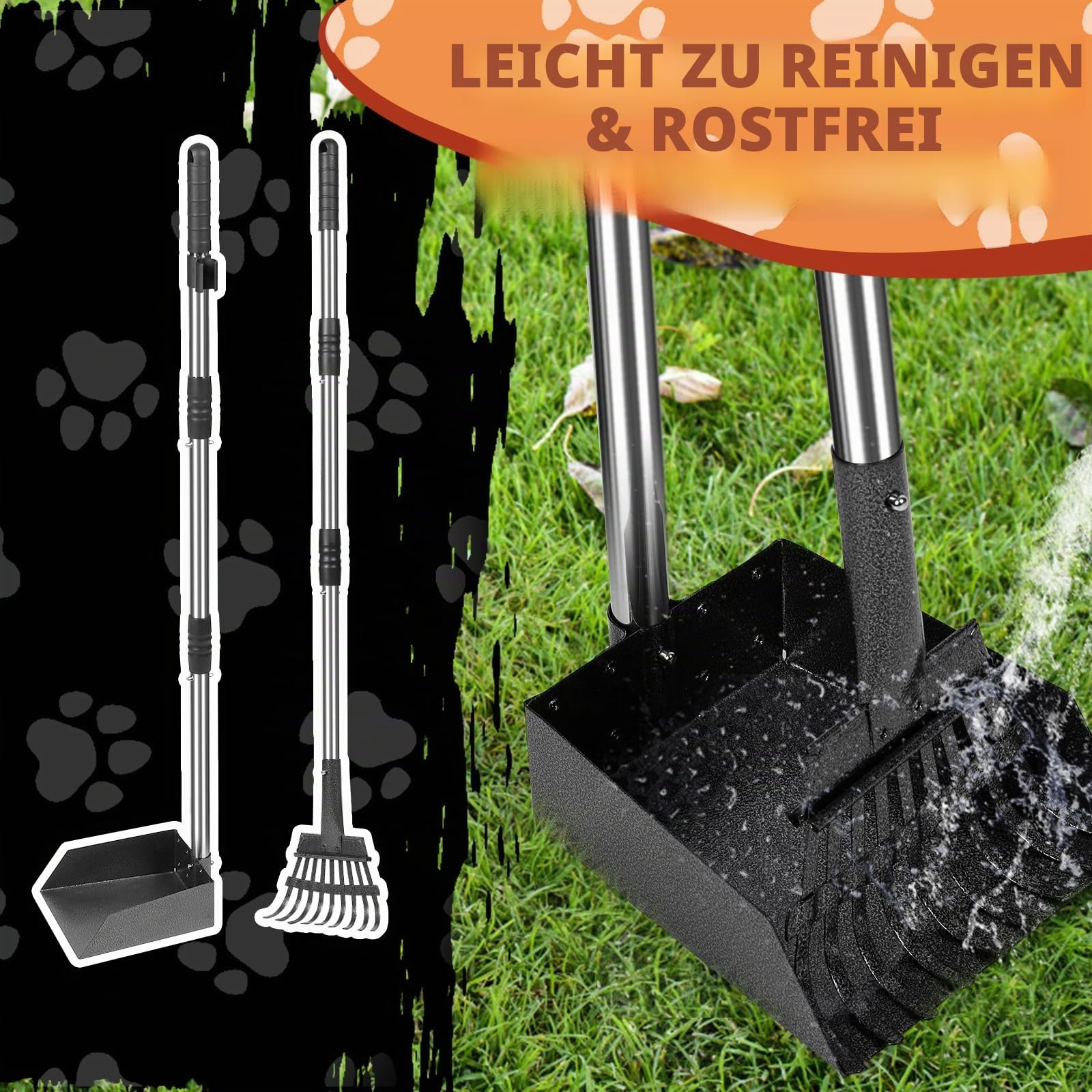 Hundekotschaufel Set mit 96 cm langem Griff – Abnehmbares Metalltablett, Rechen für große, mittelgroße & kleine Hunde – Hundekotentferner für Garten, Rasen, Erde oder Kies