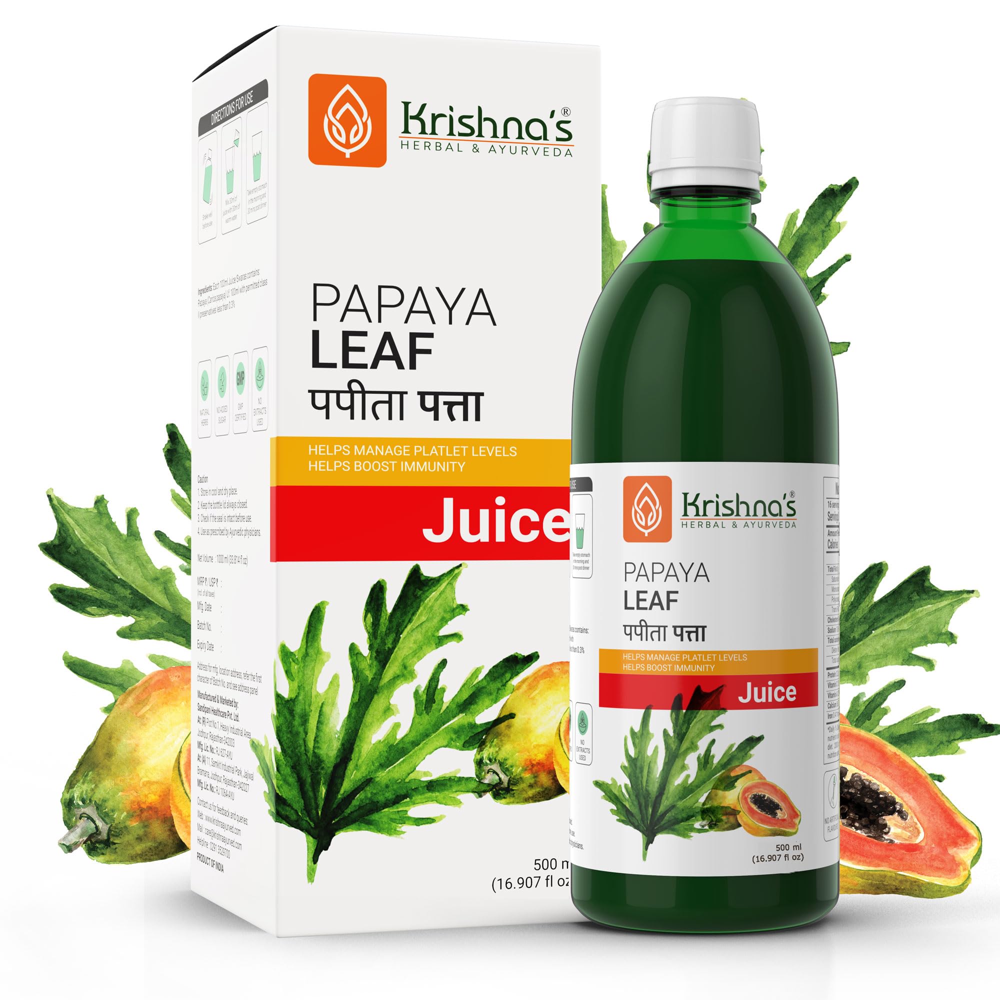 Krishna's Herbal & Ayurveda Papaya Leaf Juice, 500 ml (Pack of 1)