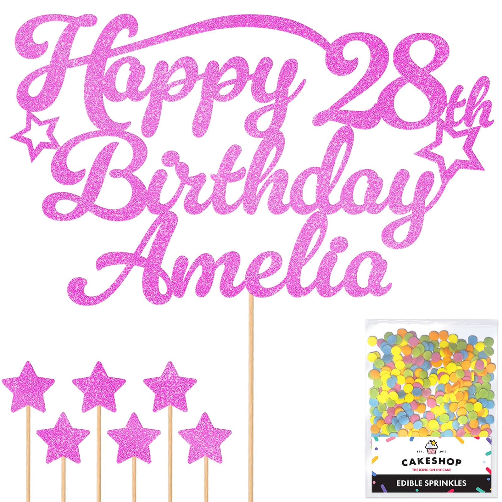 Personalised Happy Birthday Glitter Cake Topper Stars - Light Pink Any Name & Any Age Glitter Cake Decoration and Sprinkles - Happy Birthday Decorations - Personalised Toppers for Cakes by Cakeshop