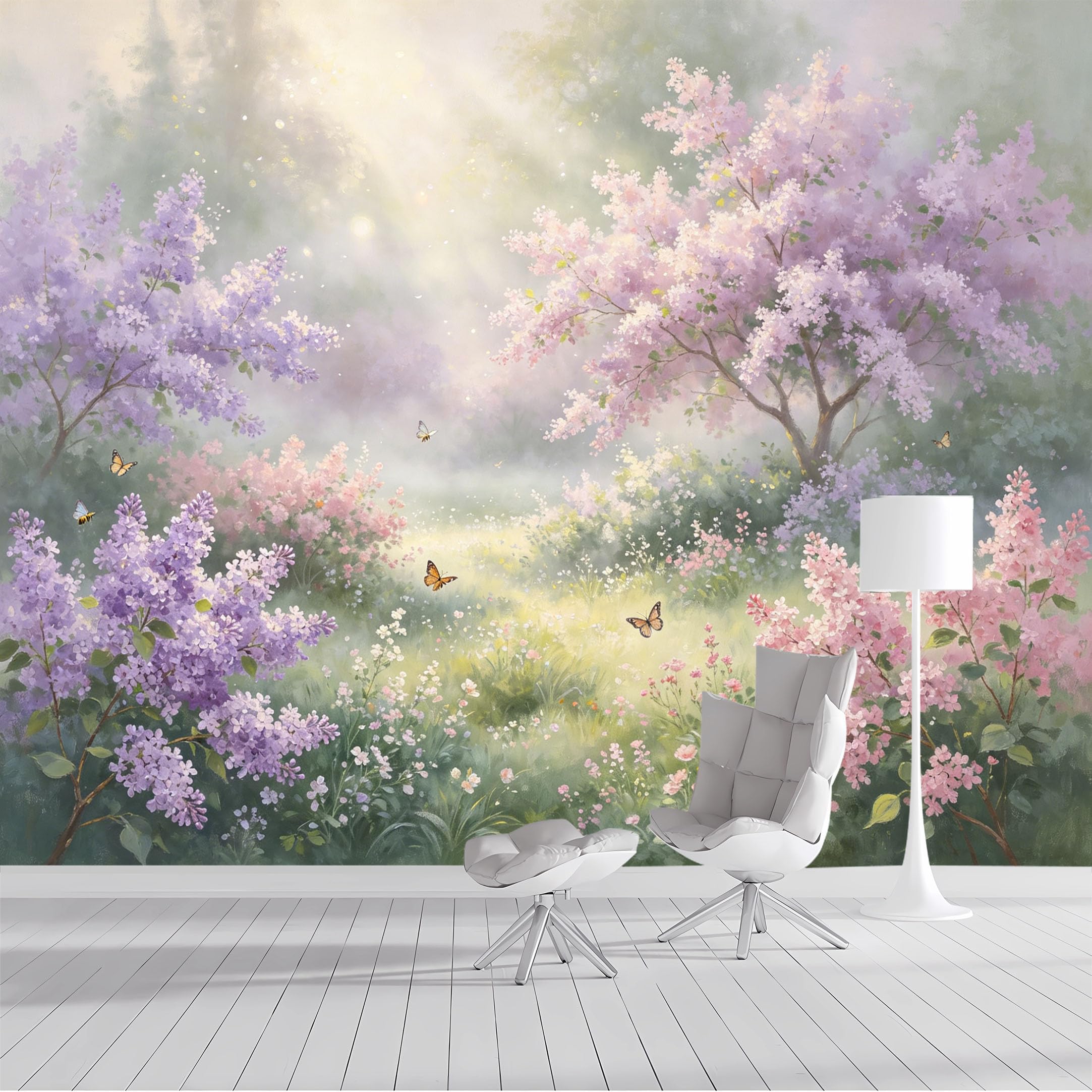 Custom Size Wall Mural Spring Blossom Garden Lilac Floral Watercolor Butterfly SelfAdhesive Wall Fabric Removable Peel and Stick Wallpaper Wall Decor for Living Room Bedroom Bathroom
