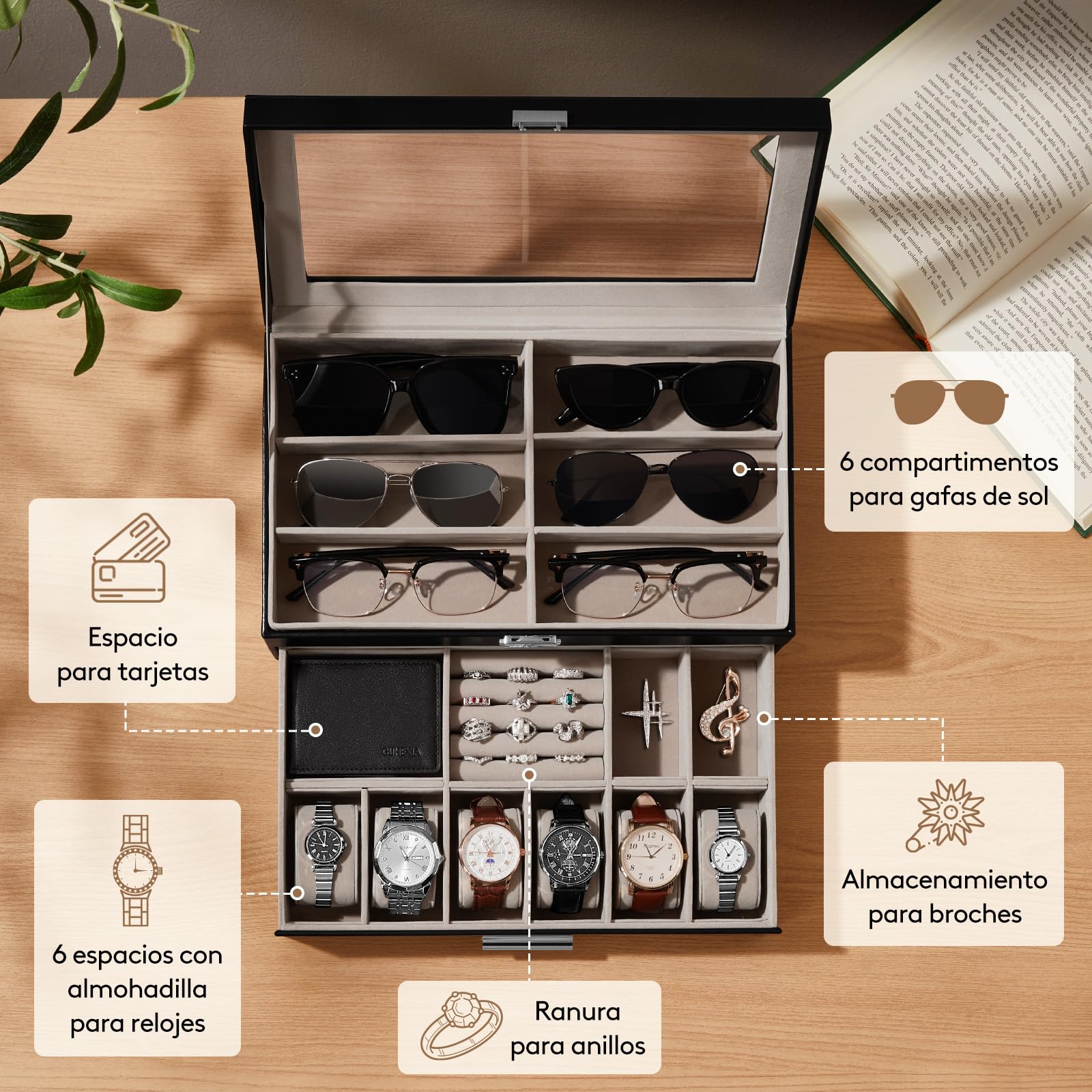 Lifewit Organizador Gafas de Sol, Expositor Gafas, Caja Relojes con Tapa de Cristal, Joyero Hombres para Llaves, Tarjeteros, Anillos, Broches, Regalos Hombre y Mujer, 35 x 21cm, Negro