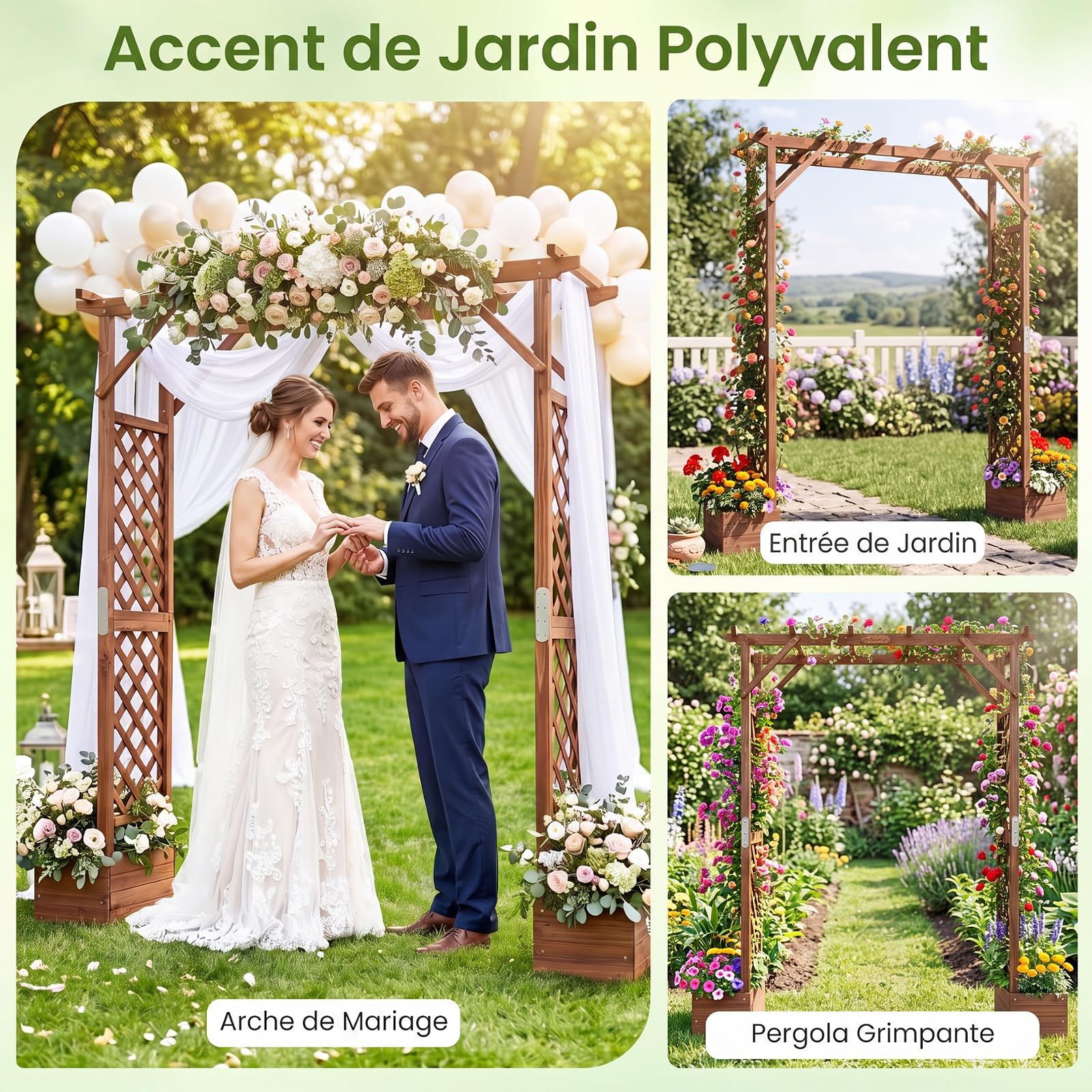 COSTWAY Arche de Jardin en Bois de Sapin, avec 2 Bacs à Fleurs | Pergola Extérieur Toit Suspensions, Treillis Latéral pour Plantes Grimpantes, Décoration Entrée Patio, 208 x 55 x 220 cm