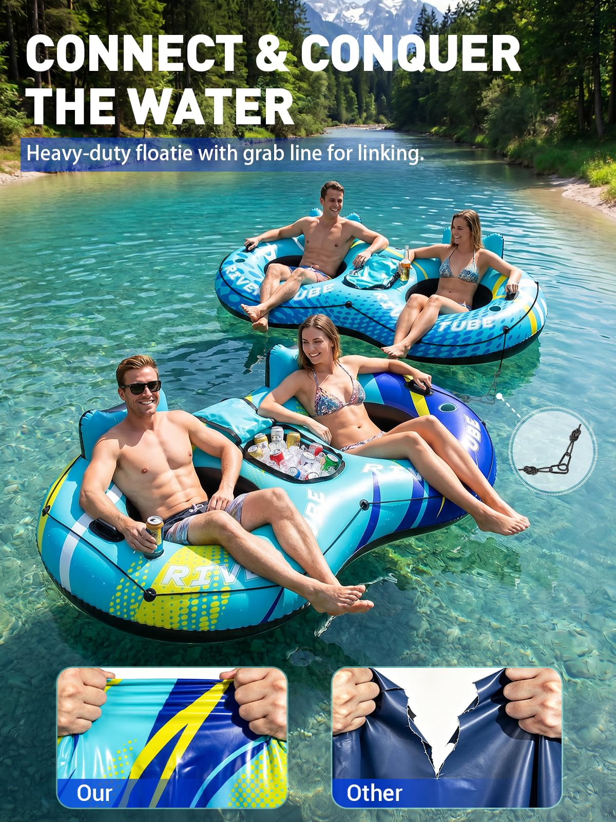 Aufblasbarer Flussreifen, robuster Schwimmreifen mit Kühlbox und Getränkehaltern für Fluss, Pool, See und Strand, ergonomische Rückenlehne, strapazierfähige Grif