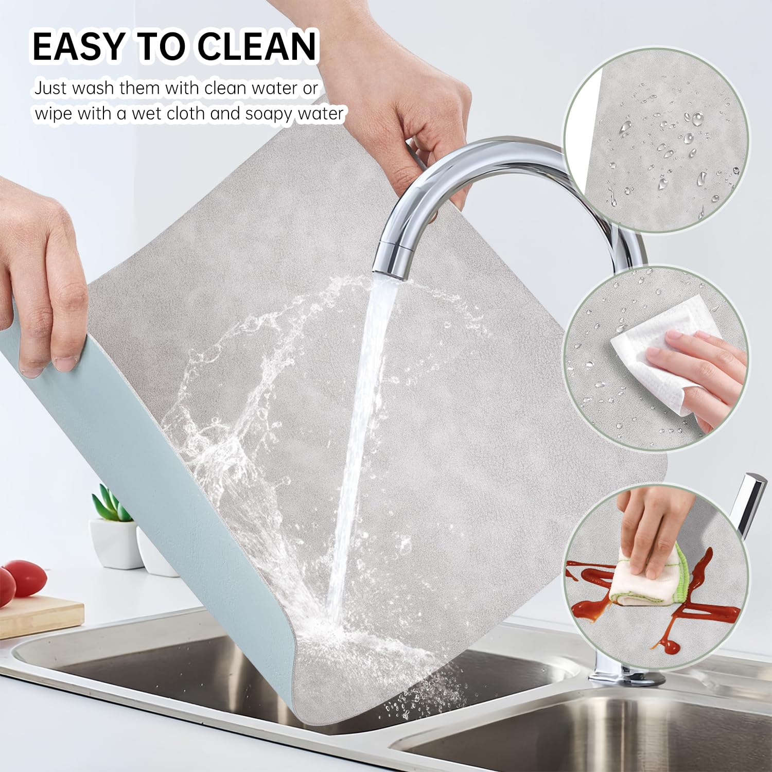 Set da tavolo lavabile, 4 tovagliette e sottobicchieri, set da tavolo in pelle double face, resistente al calore, antiscivolo, tovagliette in plastica (grigio chiaro blu chiaro)