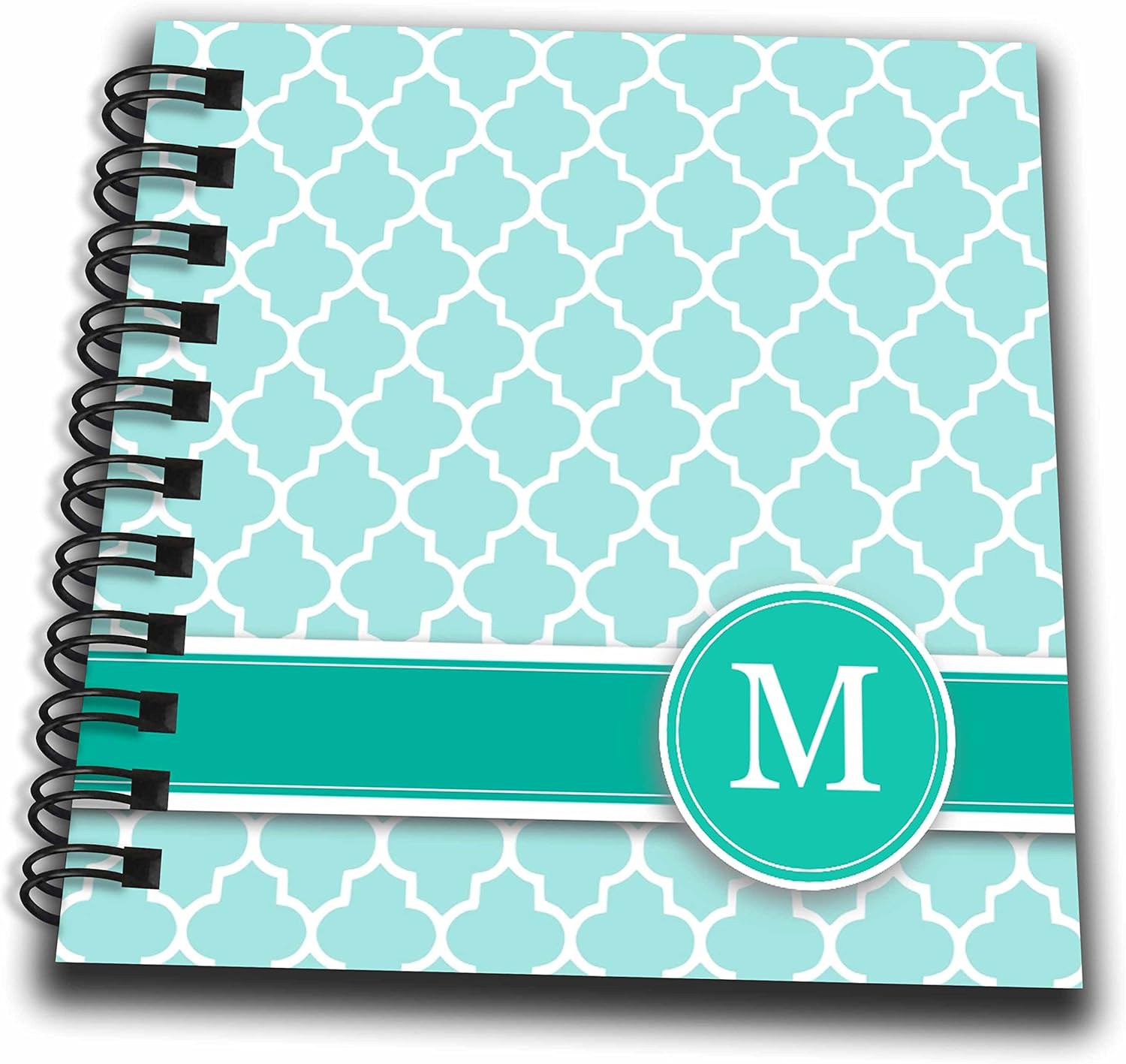 3dRose db_154553_1 Personalized Letter M Aqua Blue Quatrefoil Pattern Teal Turquoise Mint Monogrammed Personal Initial Drawing Book, 8" x 8"