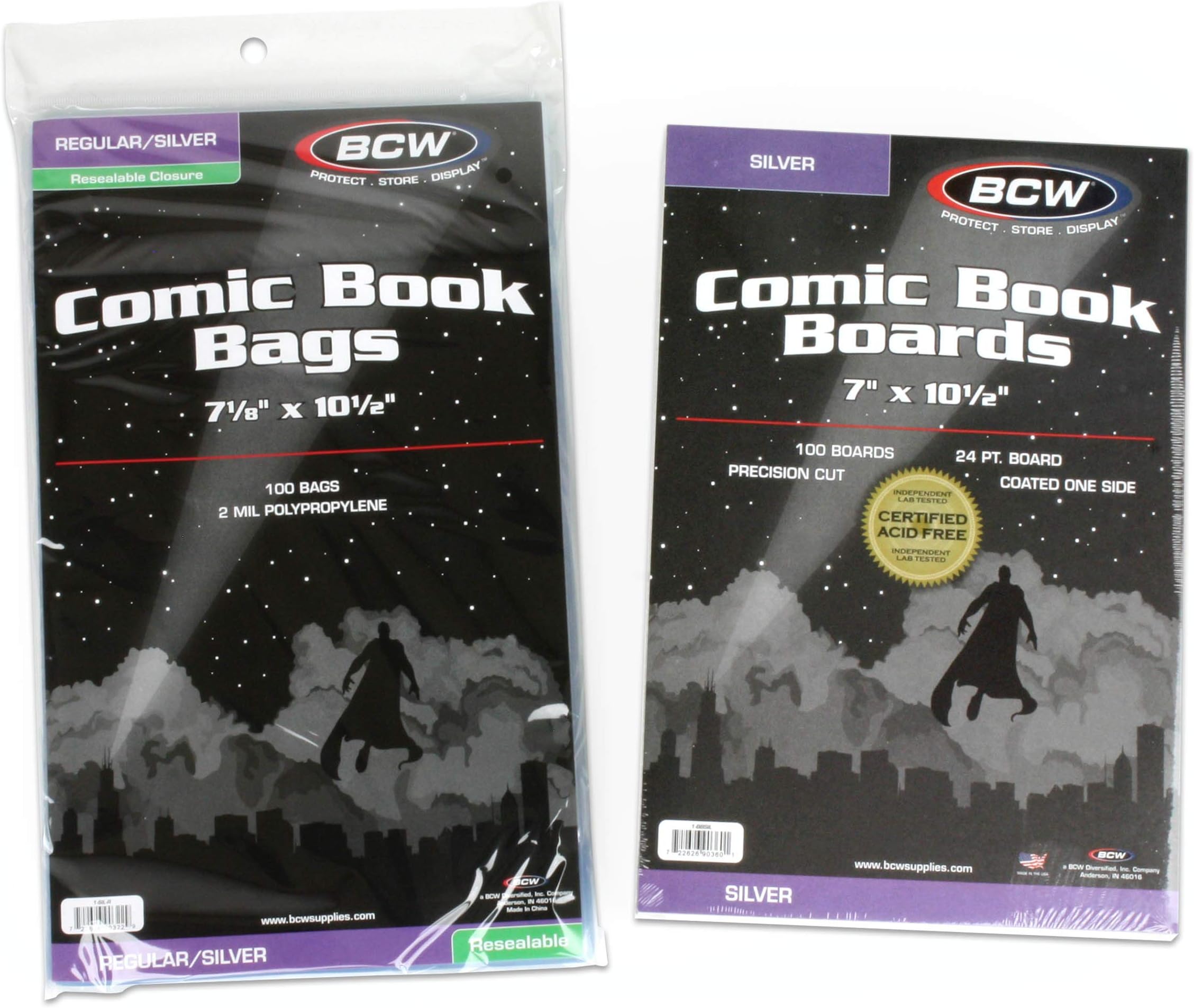BCW (100) Silver Age Resealable Clear Comic Book Bags & Backer Boards