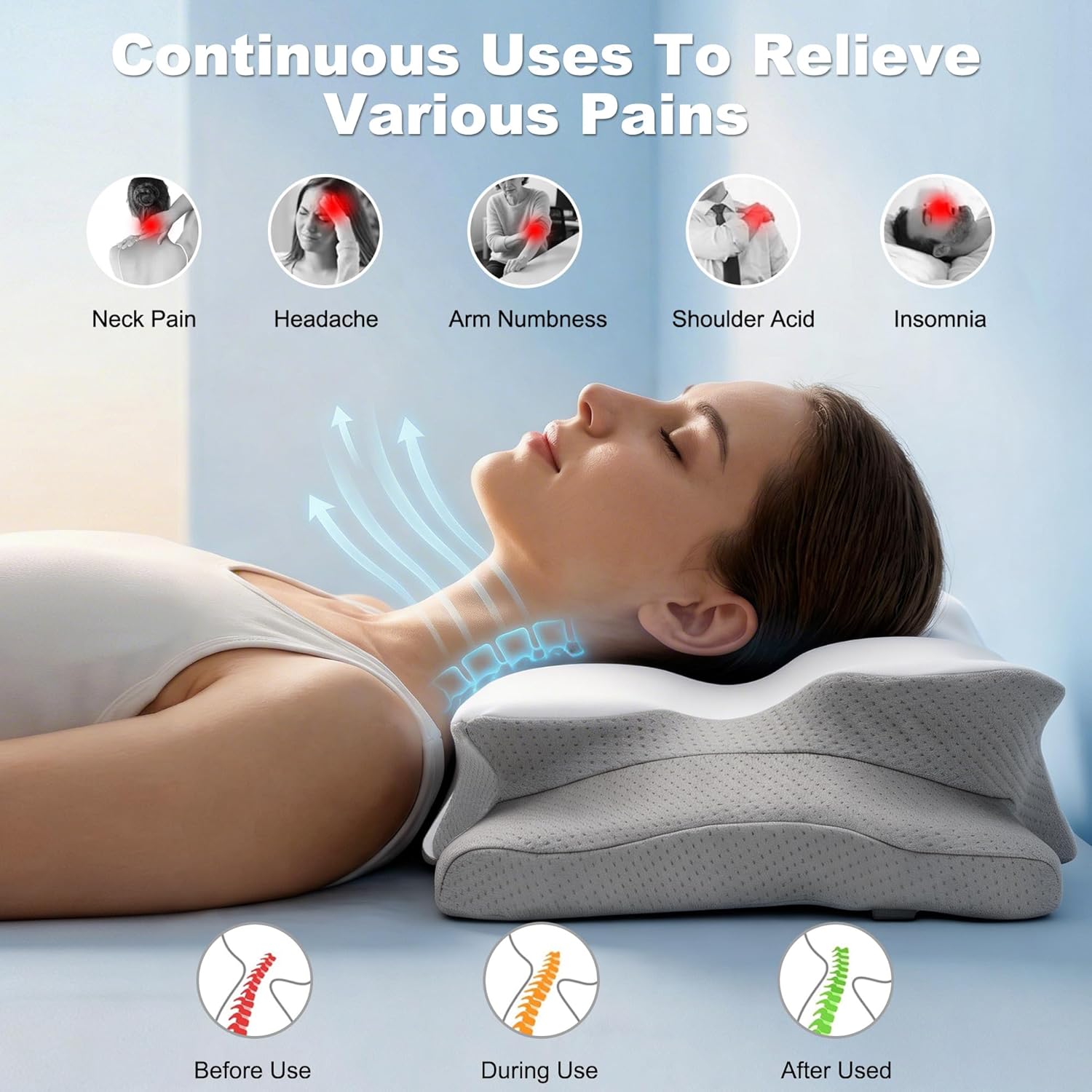 VYLEE Cervical Neck Pillow for Sleeping, Ergonomic Contour Memory Foam Pillows for Pain Relief, Cooling Orthopedic Bed Pillow, Neck Support Pillow for Side Back Stomach Sleepers with Pillowcase