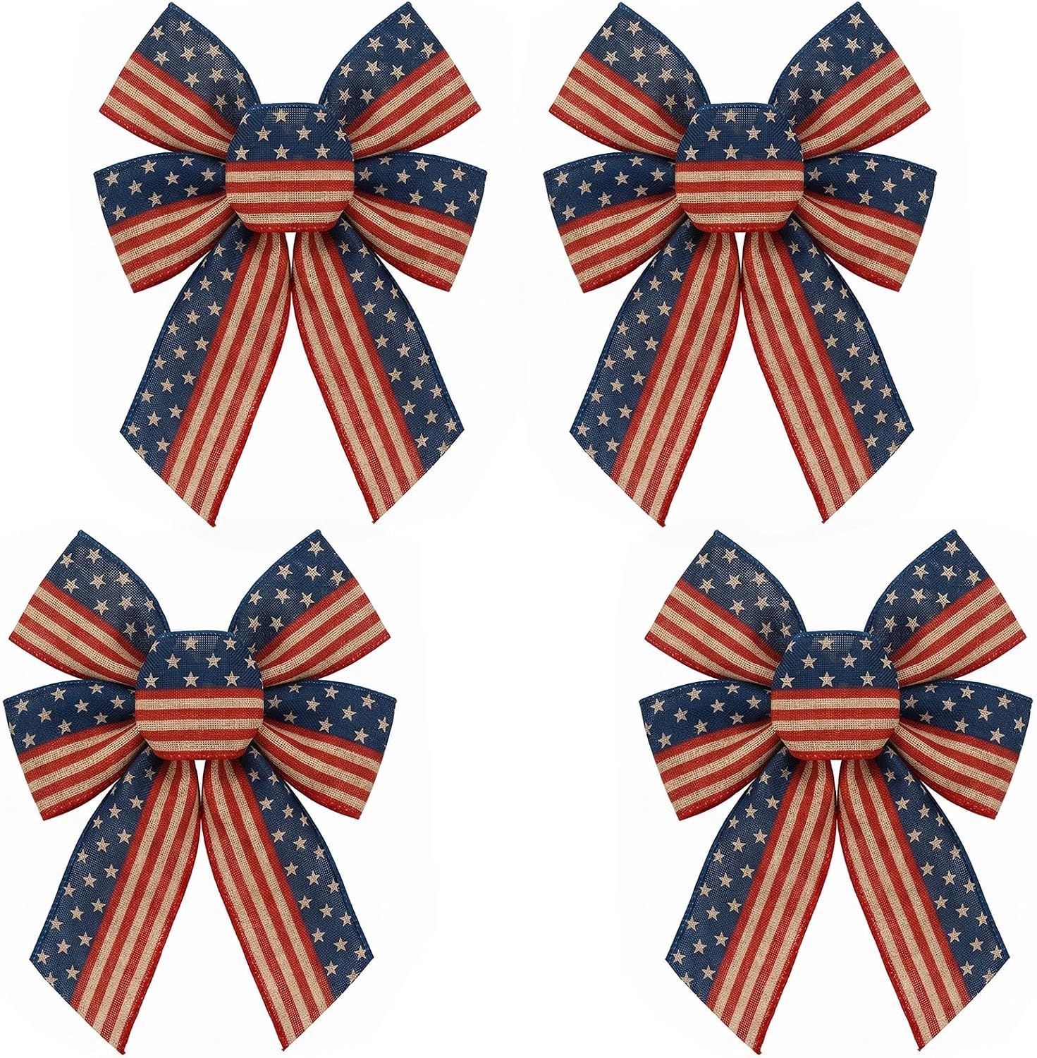 4pcs Patriotic Bow for Wreath, American Flag Stars Wreath Bow for Front Door Decor Red White Blue Stripe Tree Topper Ornament Decorative Bow for 4th of July Home Outdoor Indoor Party