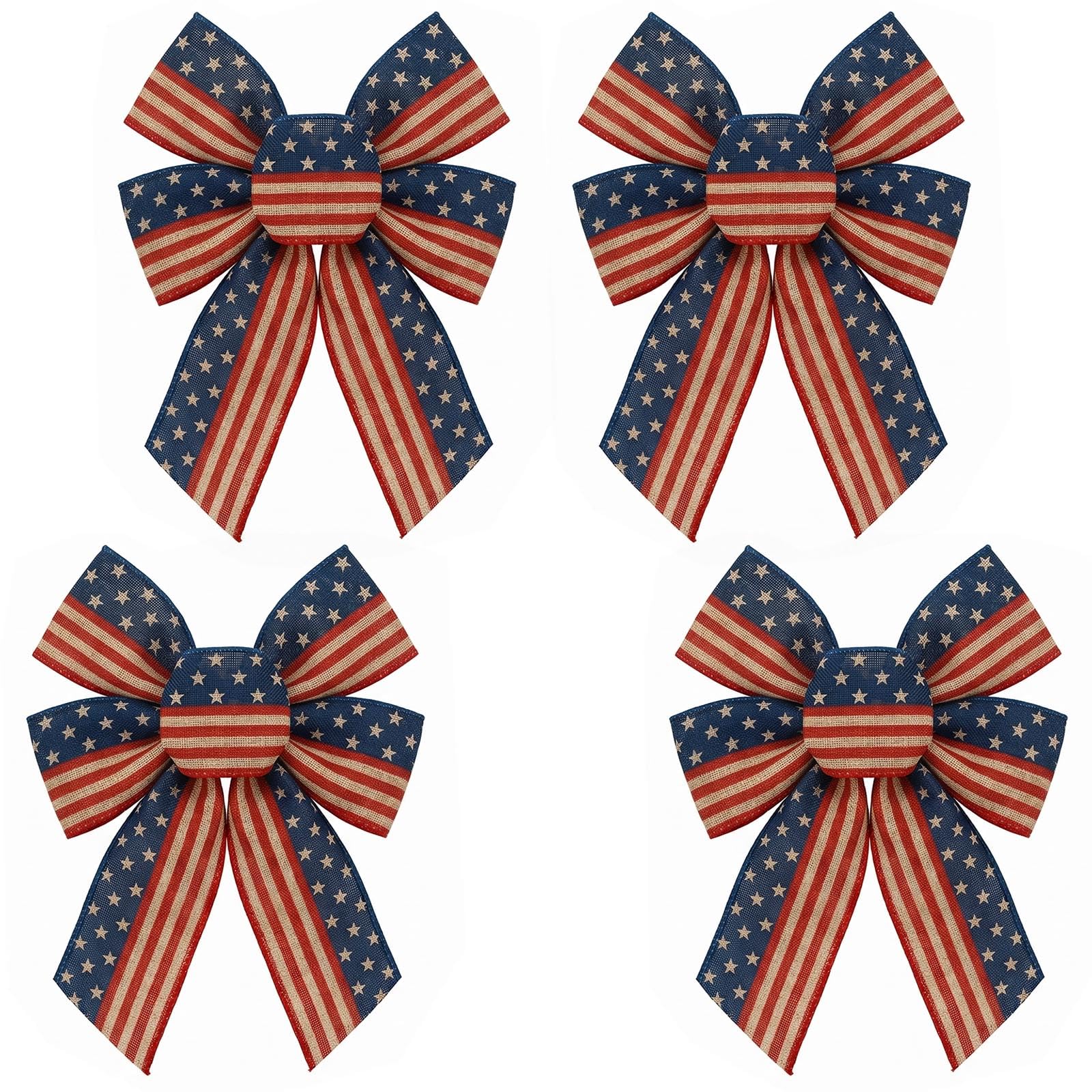 Anshome 4pcs Patriotic Star Wreath Bows, Red Linen Blue Stripe Burlap Bows for 4th of July, Labor Day, Memorial Day, Veterans Day, Door & Window Decor