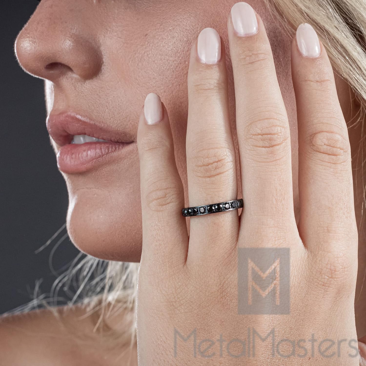 3MM 1.75Ct Womens Black Titanium Eternity Engagement Band Wedding Ring Black Pave Set Cubic Zirconia - Image 4