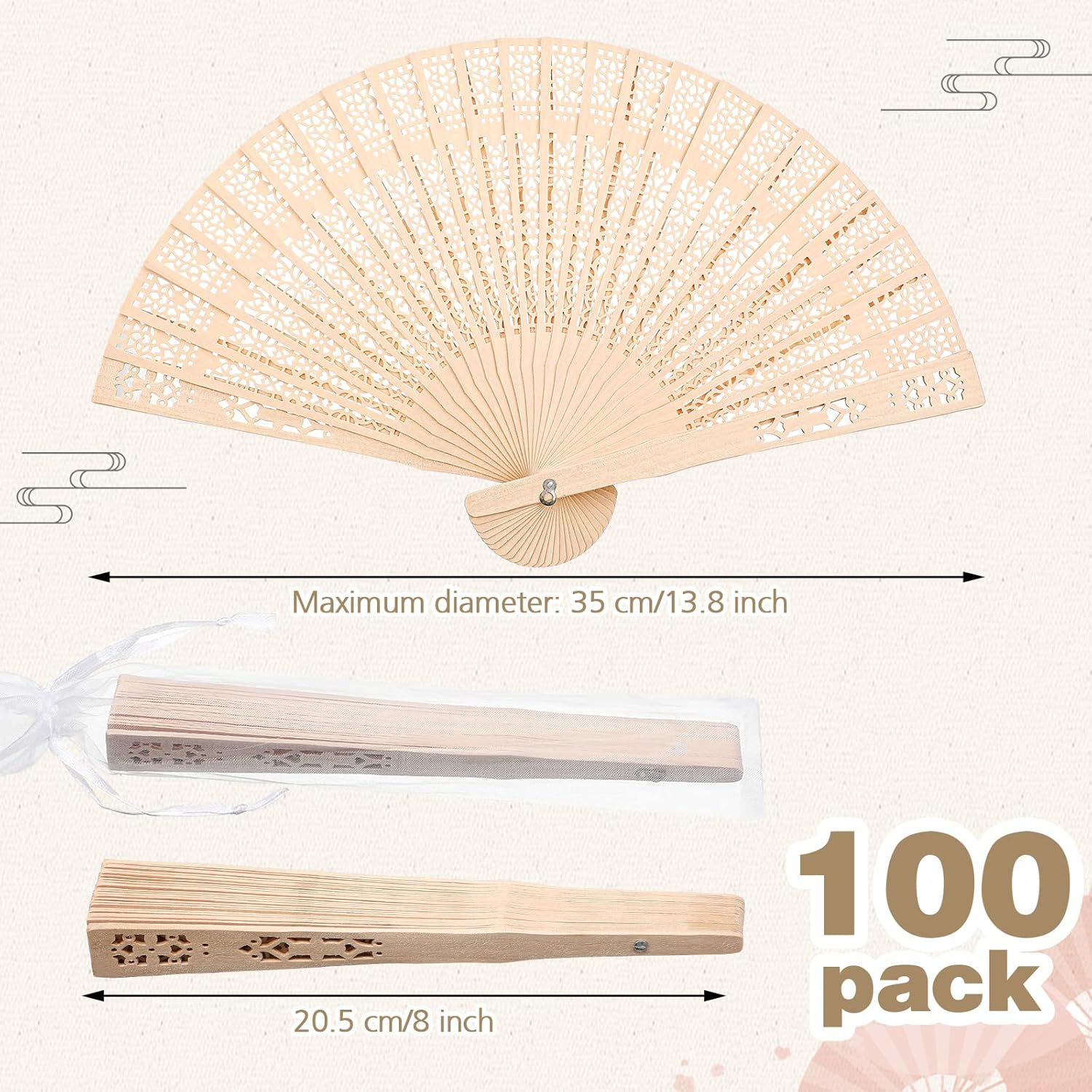 Unittype 100 Pieces Wooden Hand Fans Foldable Wedding Party Favors Bulk for Guests Folding Vintage Chinese Wood Handheld Fans with Sheer Bags for Baby Bridal Shower Birthday Gifts